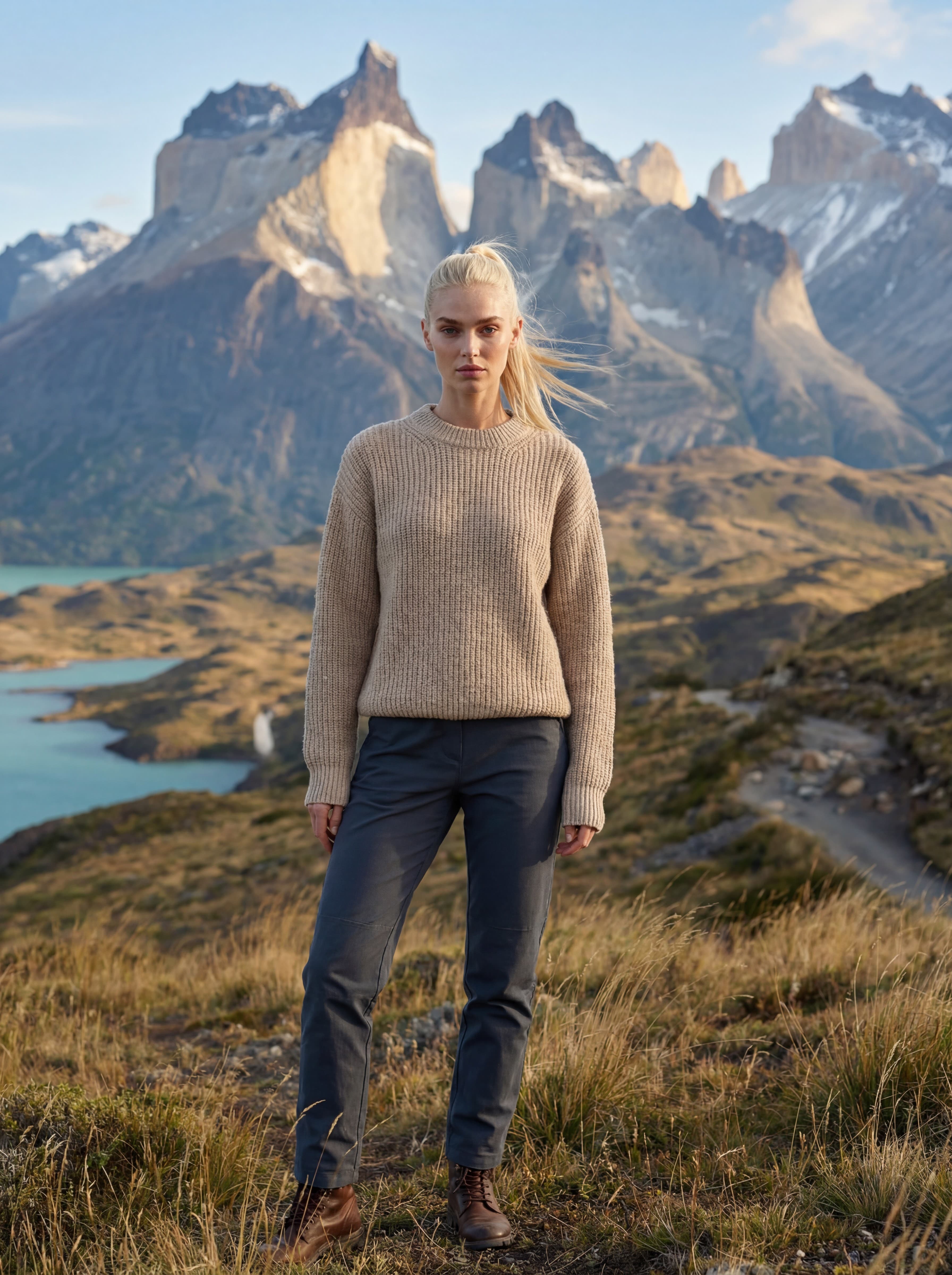 Example: luxury travel portrait in Patagonia with Torres del Paine granite towers
