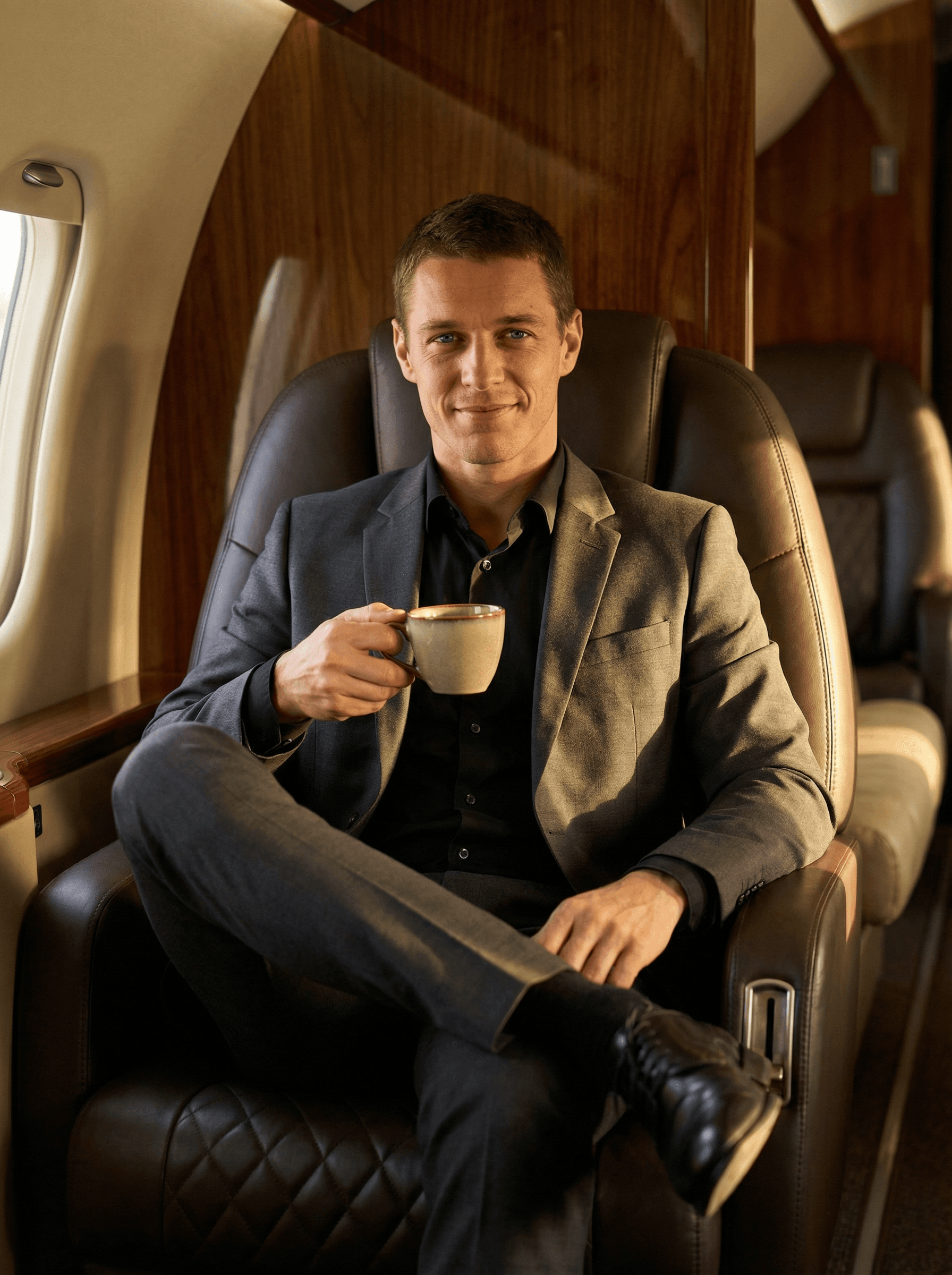 Example: private jet luxury seated portrait