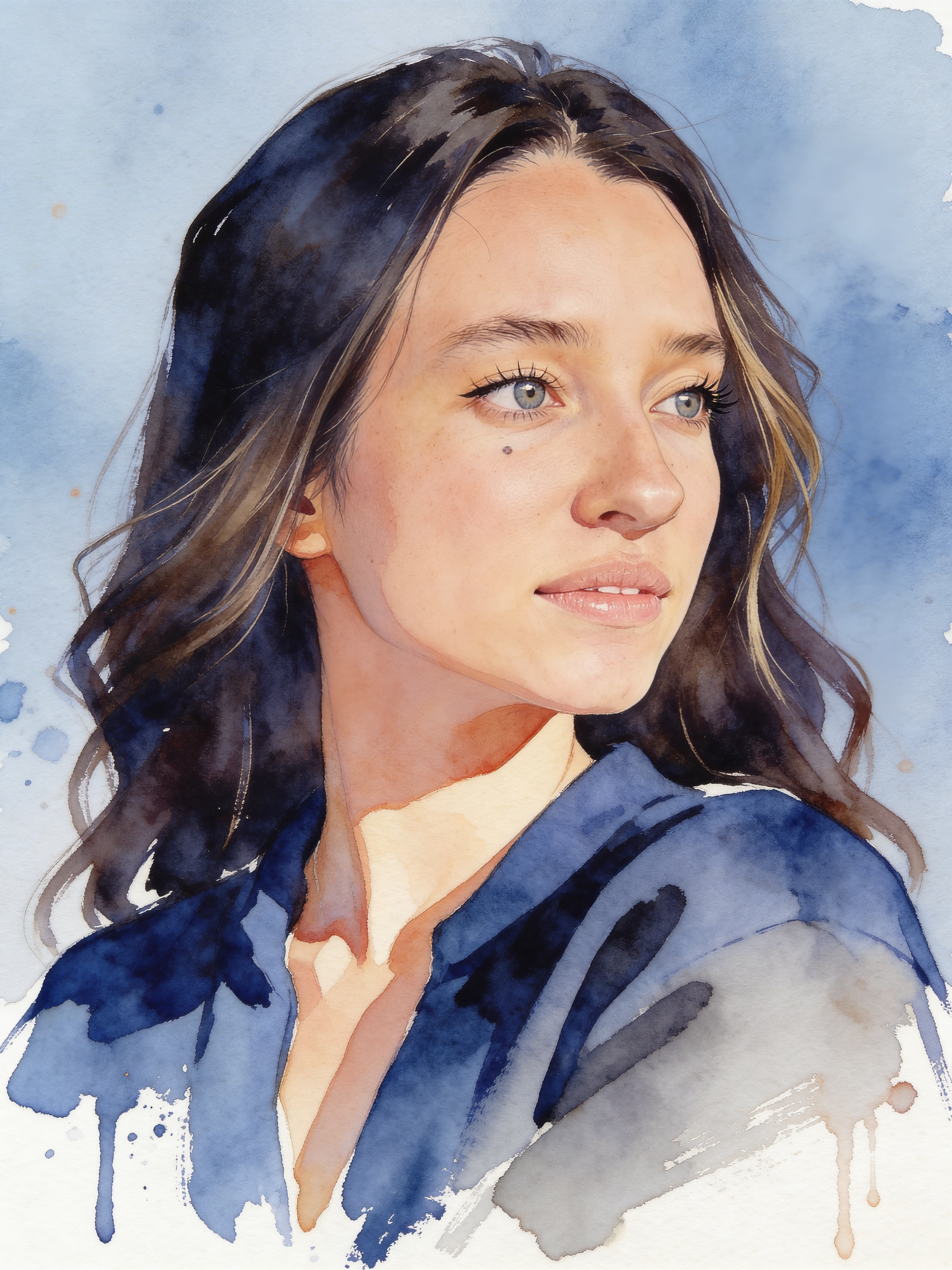 Example: cool-toned watercolor portrait on textured paper with splatters