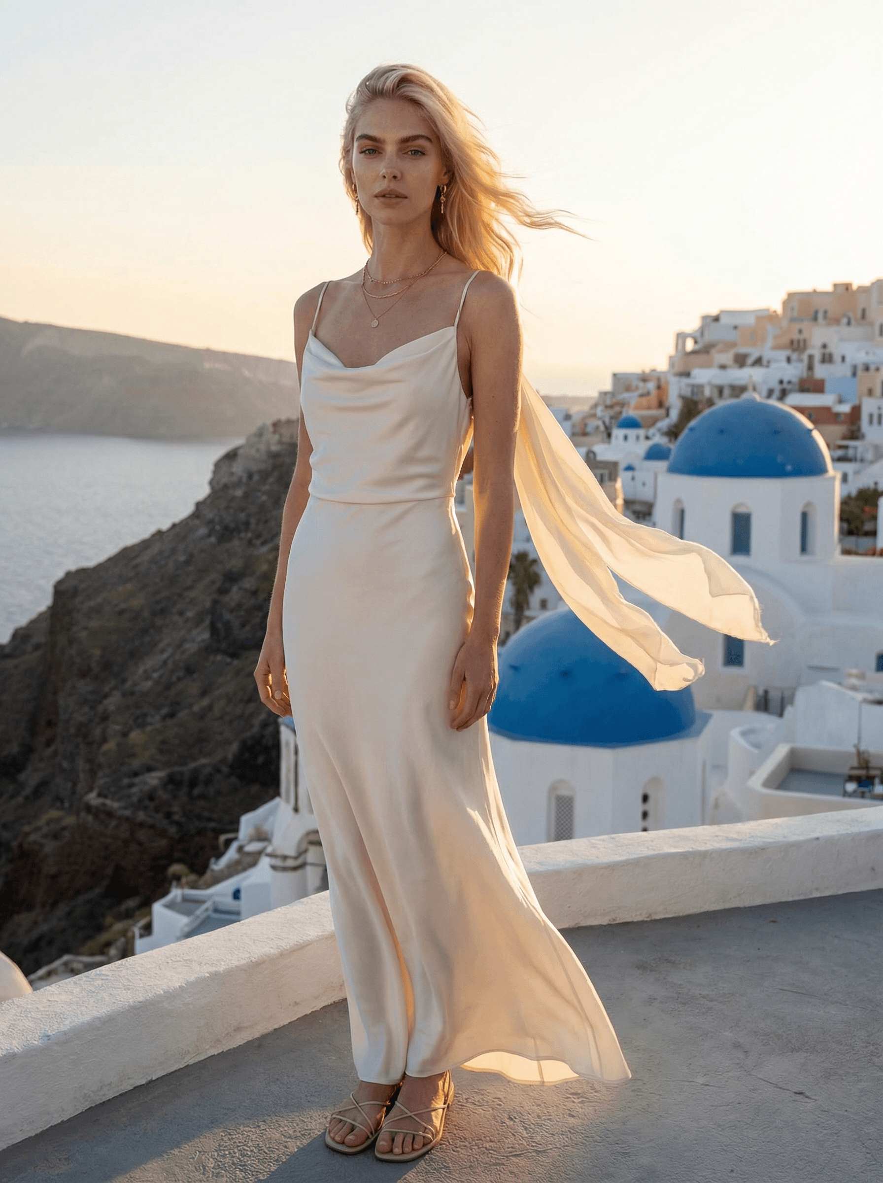 Example: Santorini Oia sunset couture portrait