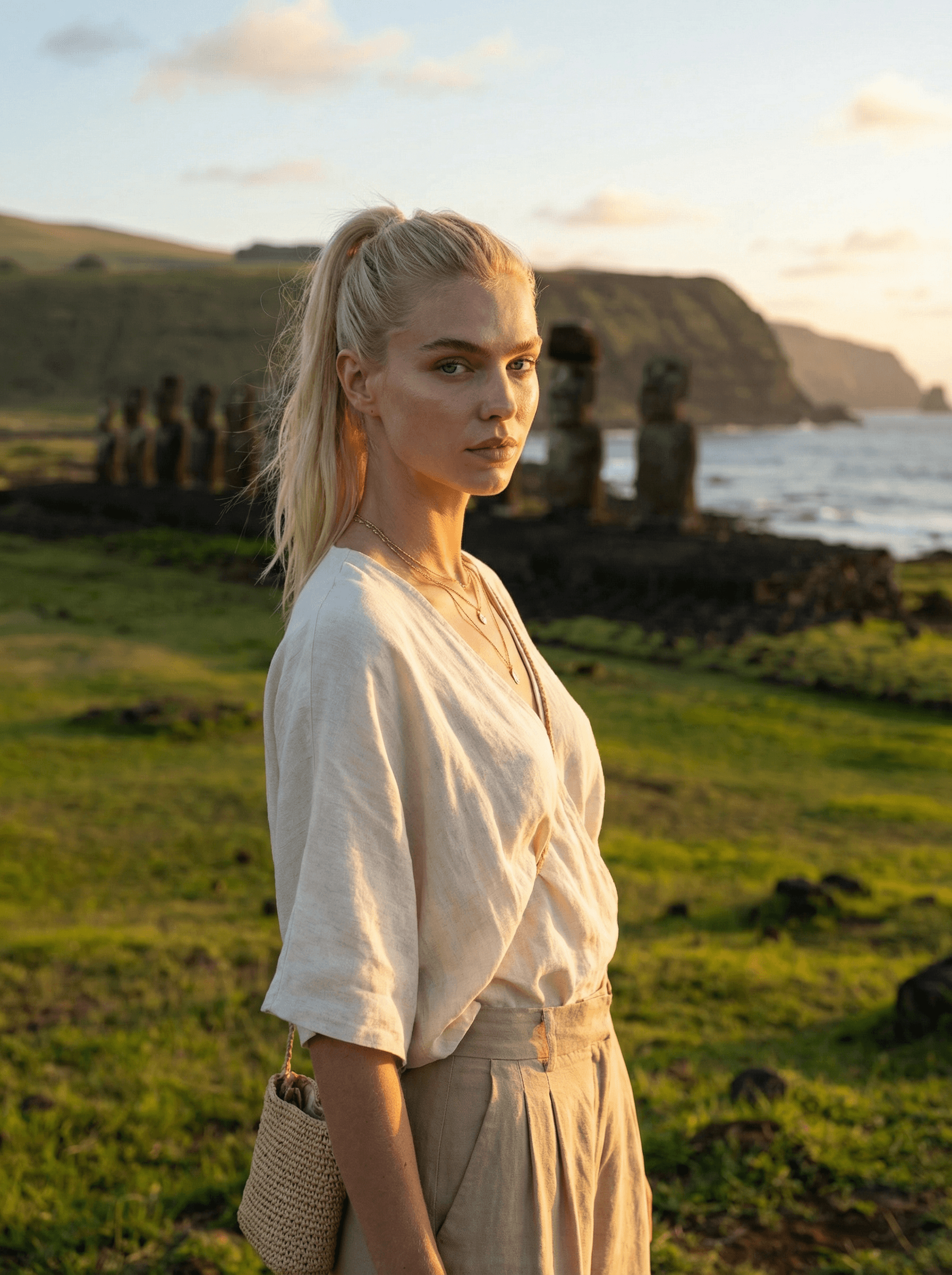 Example: Easter Island Moai cinematic travel portrait