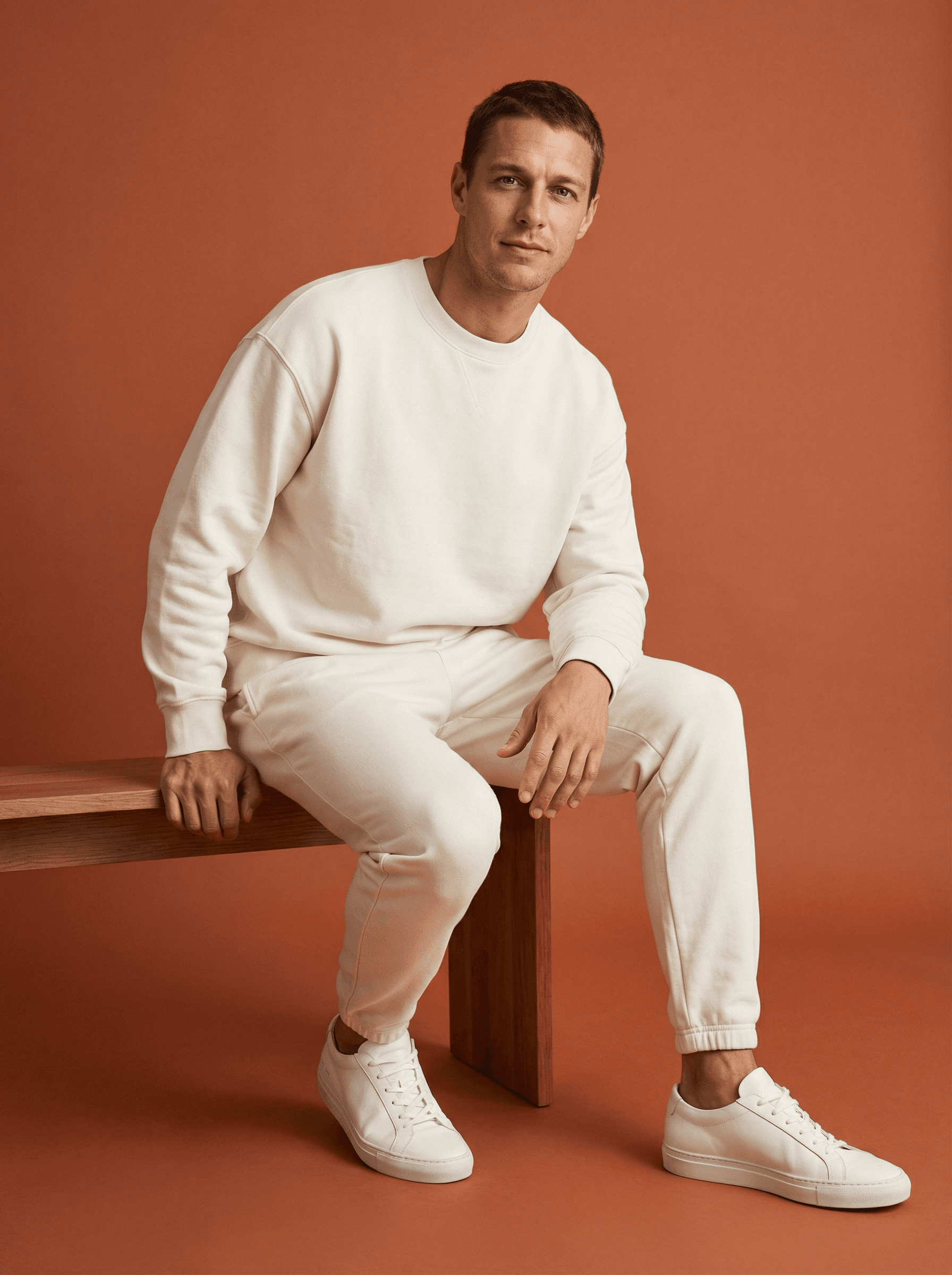 Example: terracotta studio fashion portrait with monochrome off-white outfit