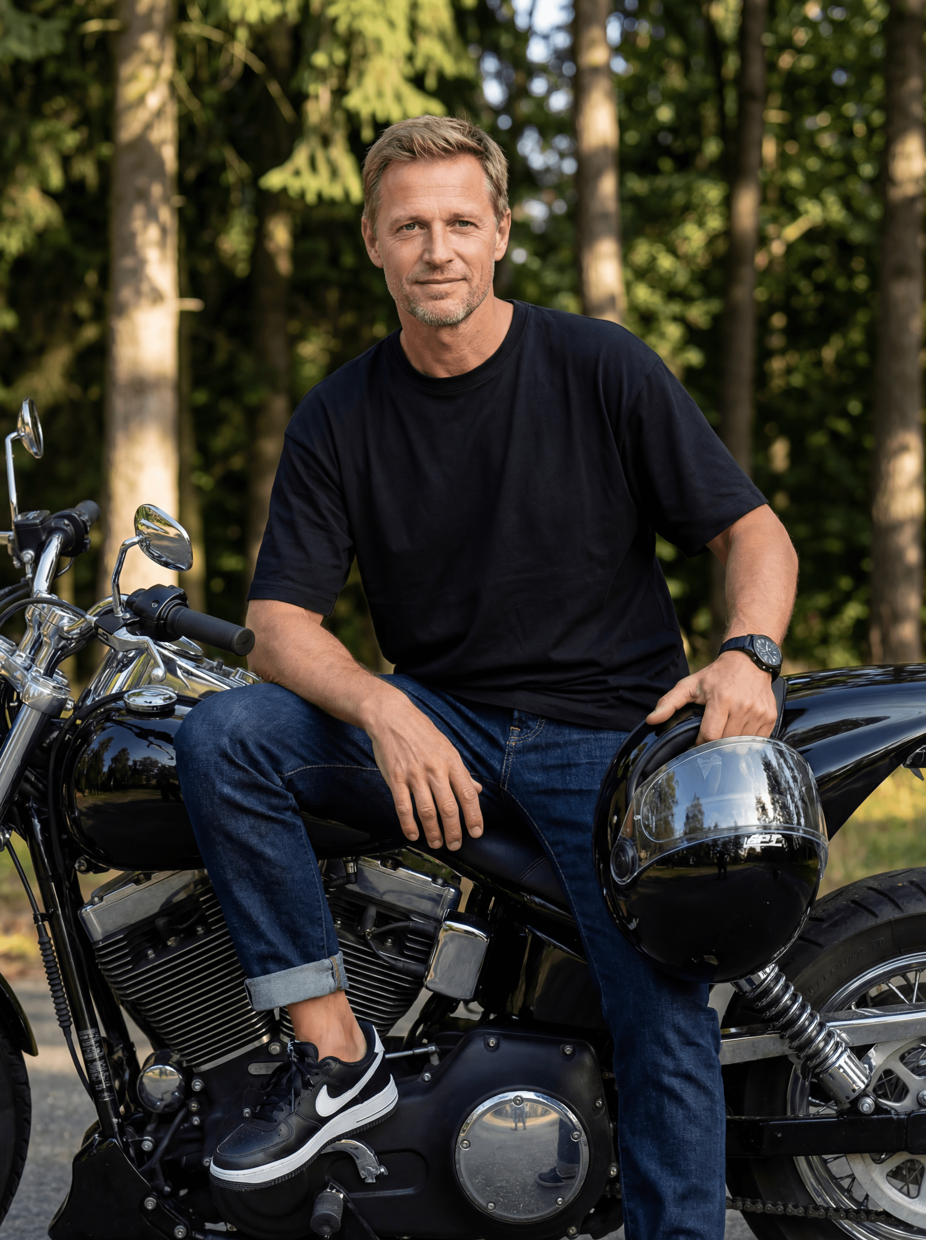Example: subject seated on a black sports motorcycle outdoors