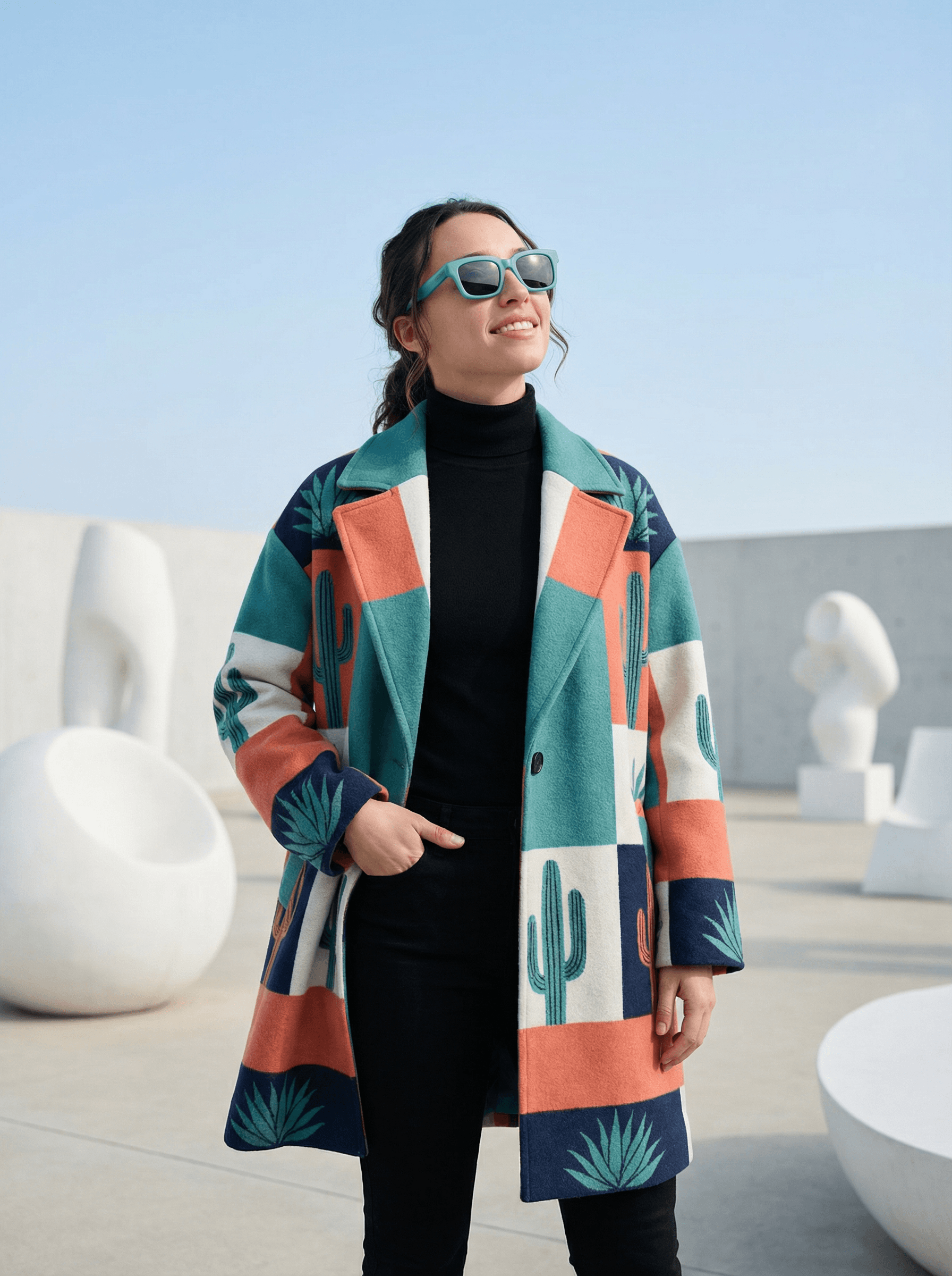 Example: geometric coat sculpture garden portrait