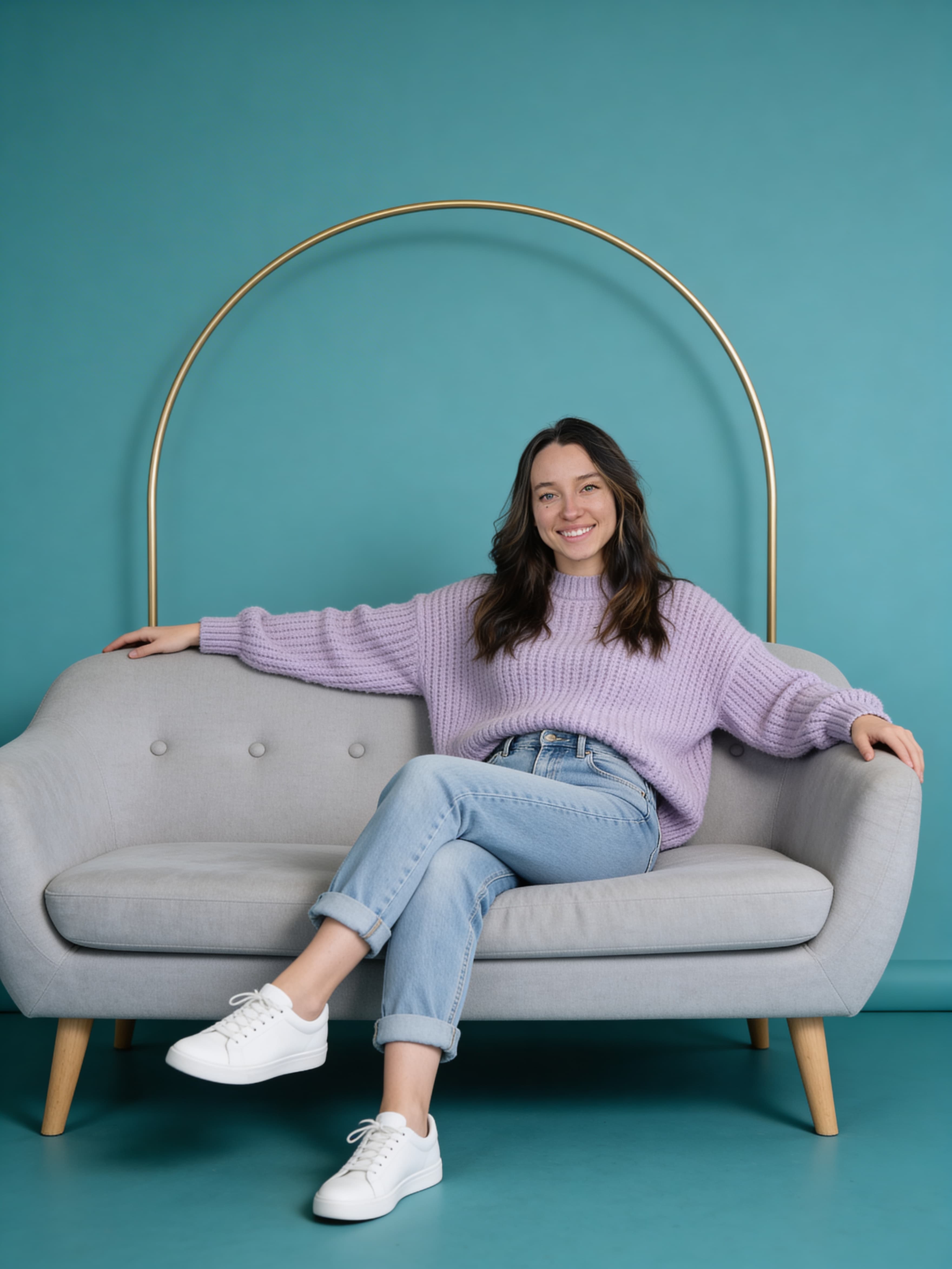 Example: lavender sweater teal studio portrait
