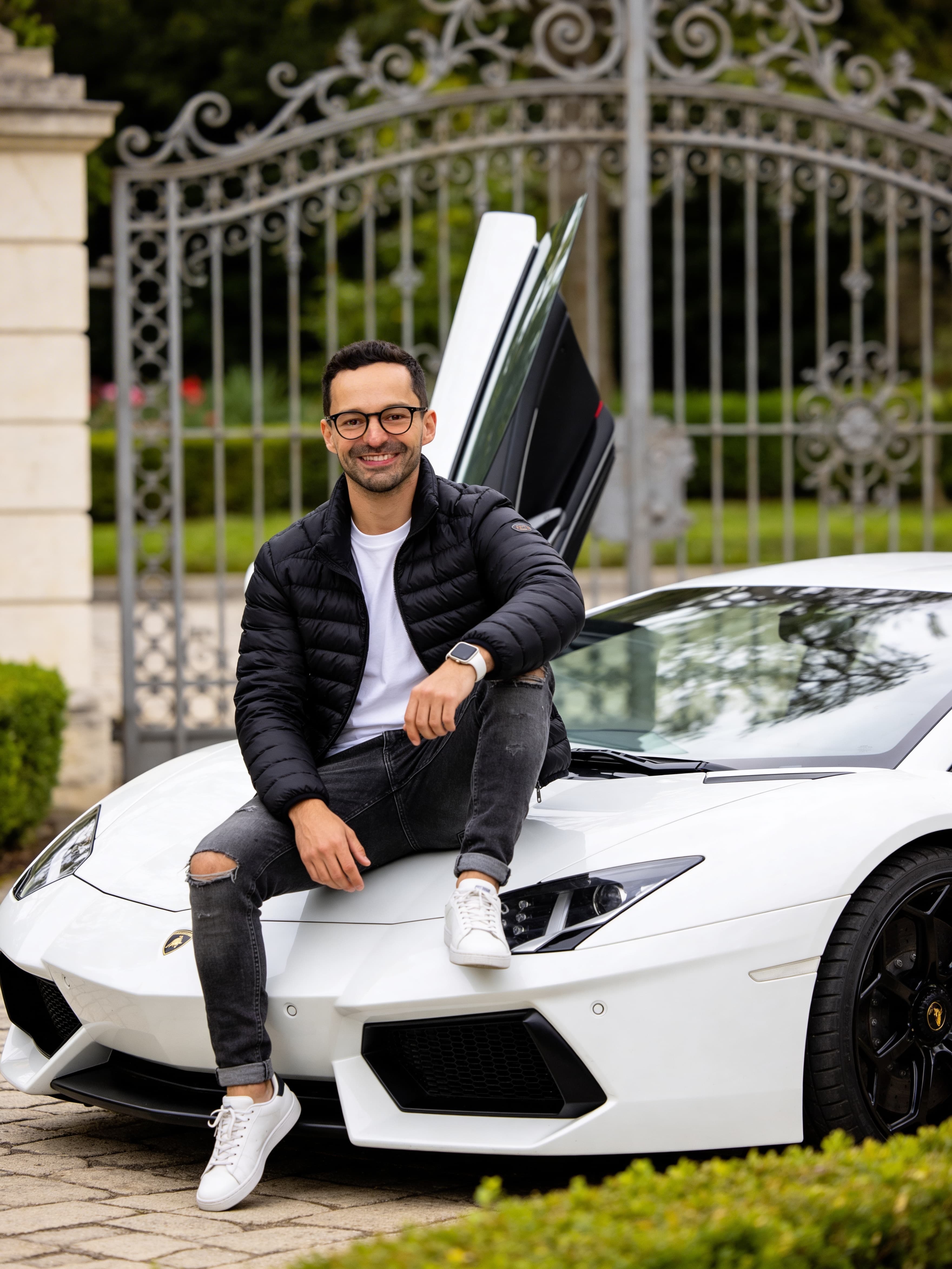 Example: white supercar butterfly door portrait