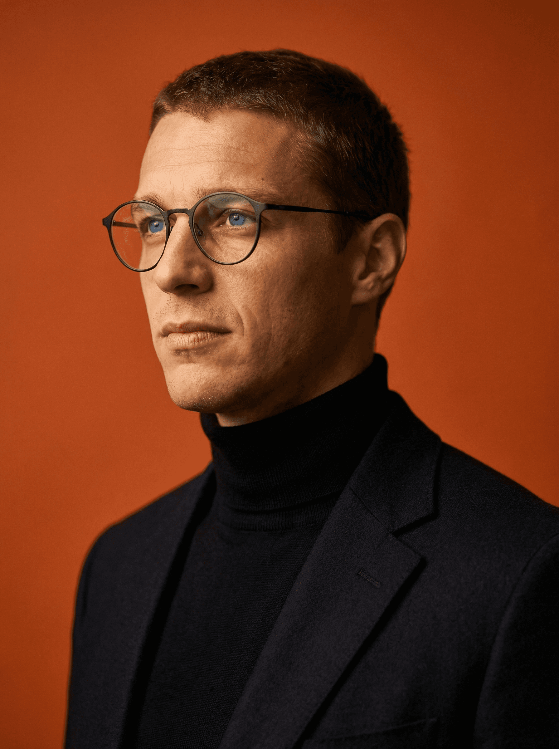 Example: terracotta turtleneck studio closeup portrait
