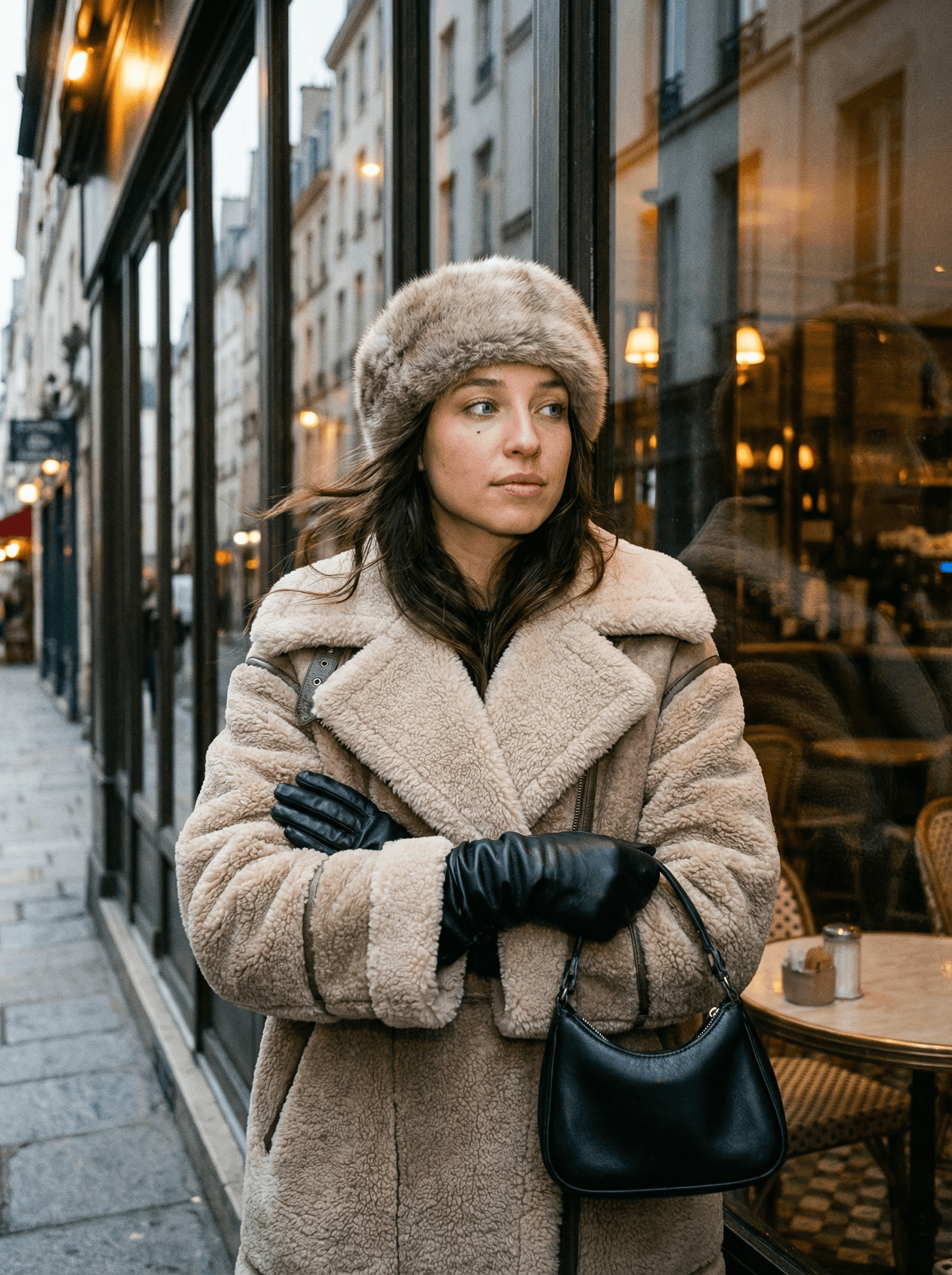 Example: shearling coat European cafe portrait