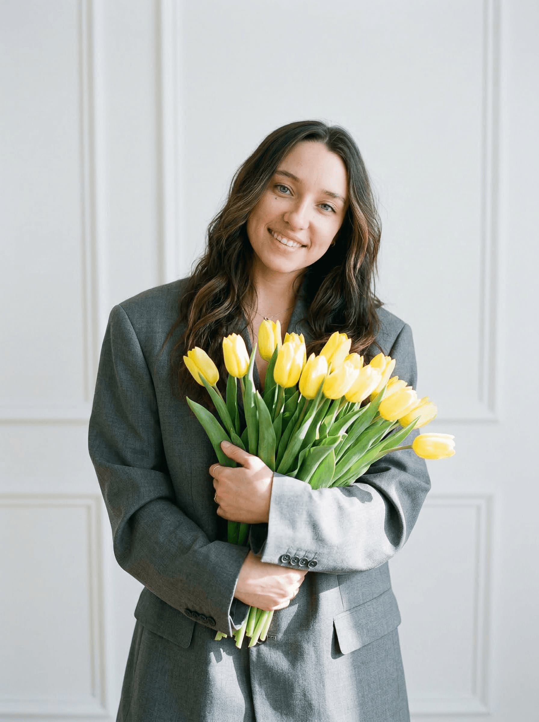 Example: grey blazer tulip editorial portrait