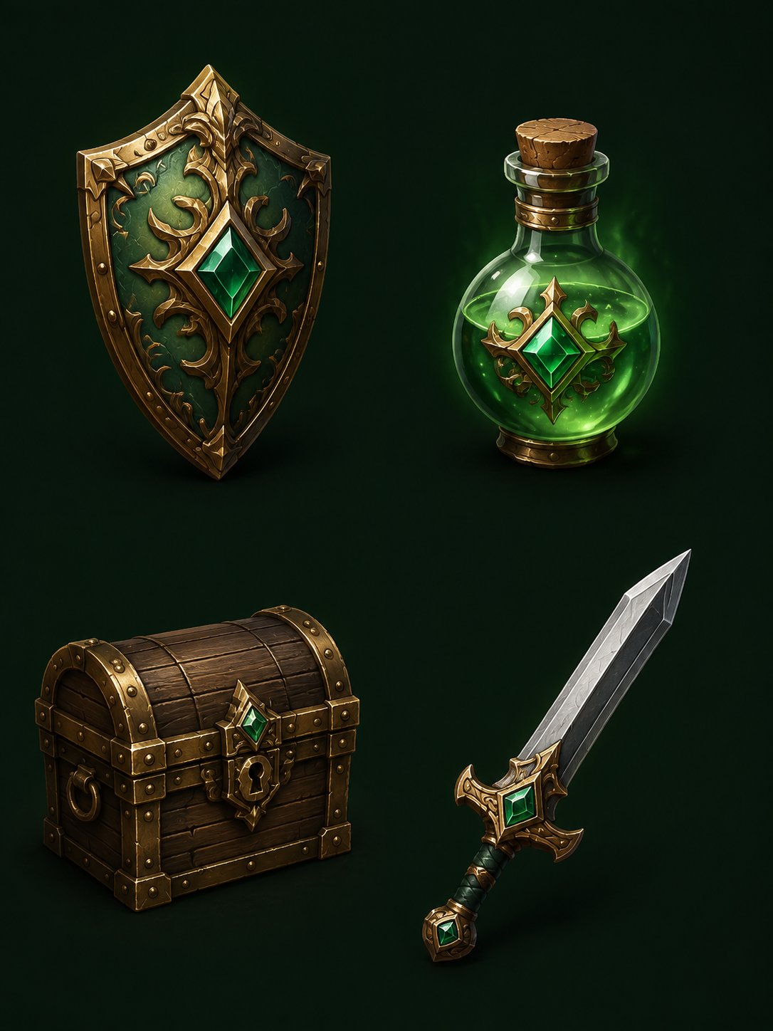 Four fantasy game inventory assets: an emerald shield, a potion, a treasure chest and a sword