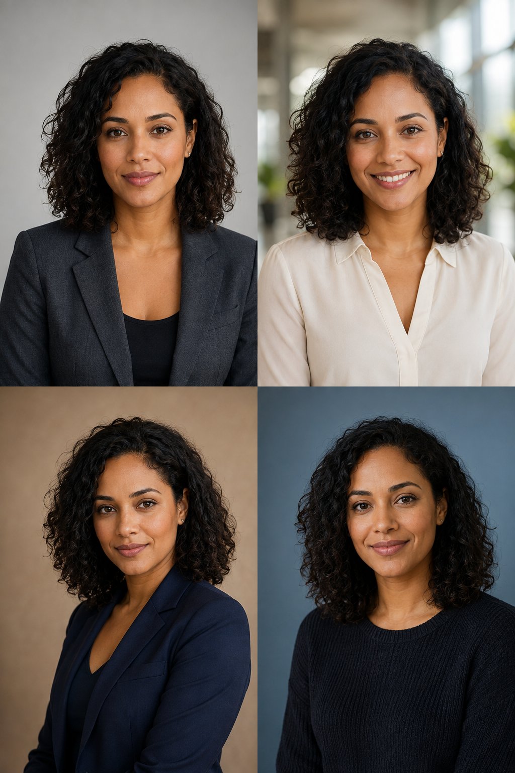 Four professional portraits of the same fictional woman with different clothing, backgrounds and lighting