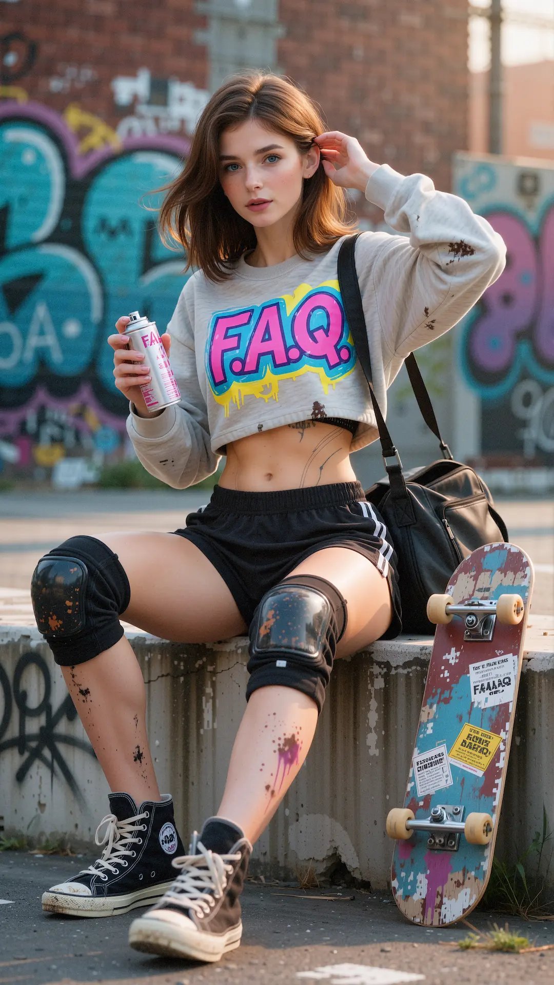 AI-generated woman with a skateboard wearing an FAQ sweatshirt in an urban setting