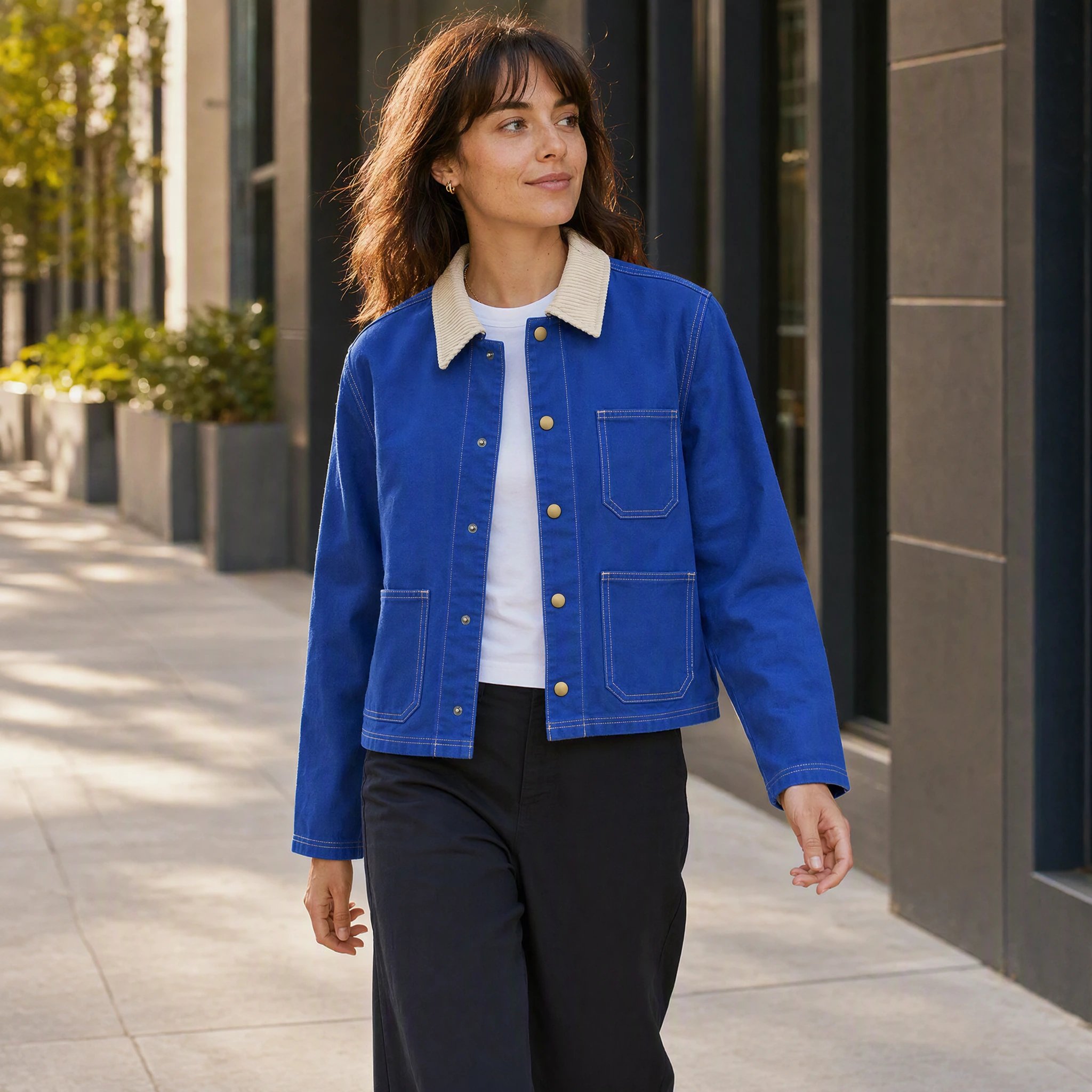 Woman wearing a cobalt-blue jacket in a product lifestyle image