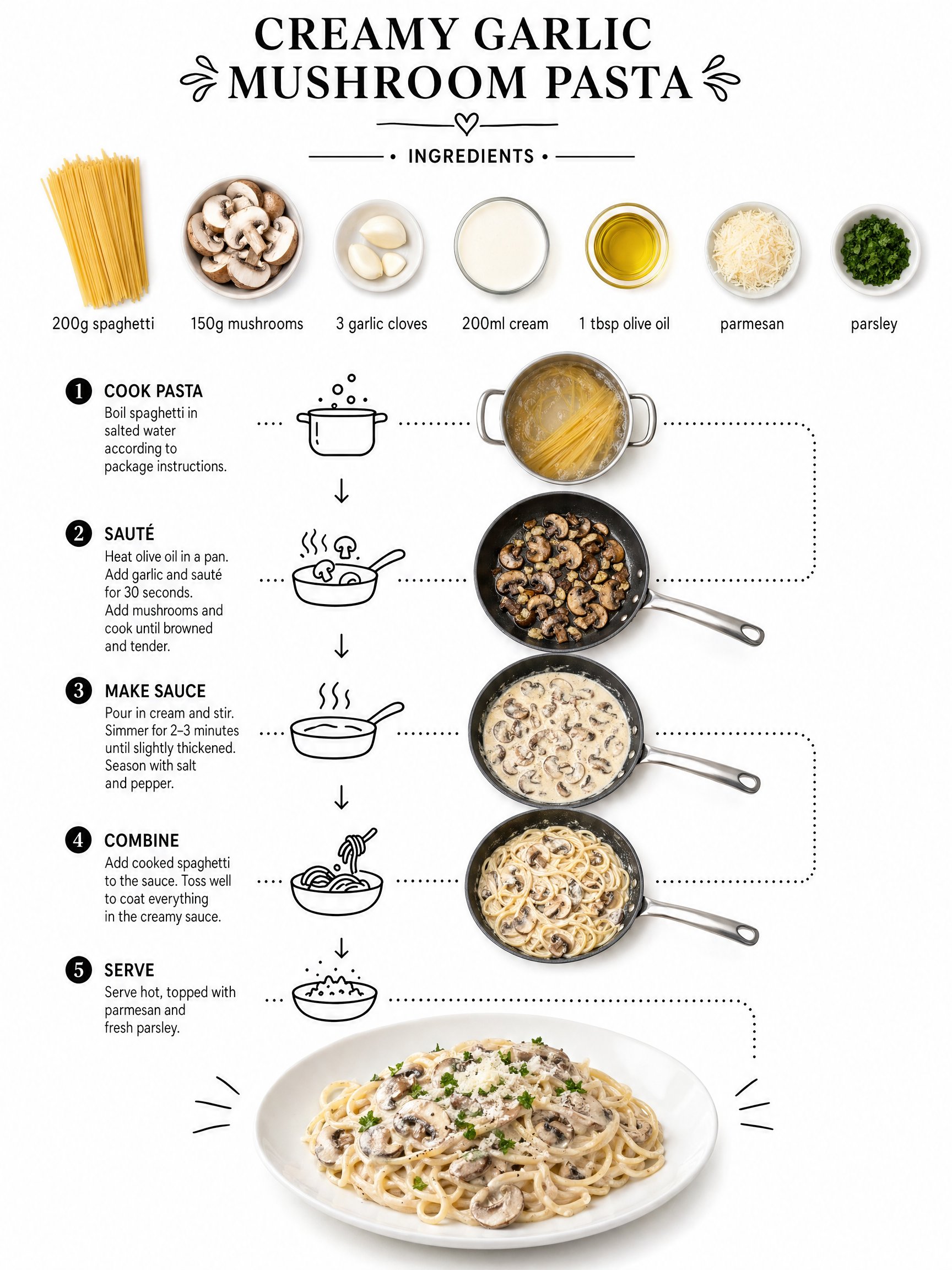 Creamy garlic mushroom pasta recipe infographic generated by GPT Image 2