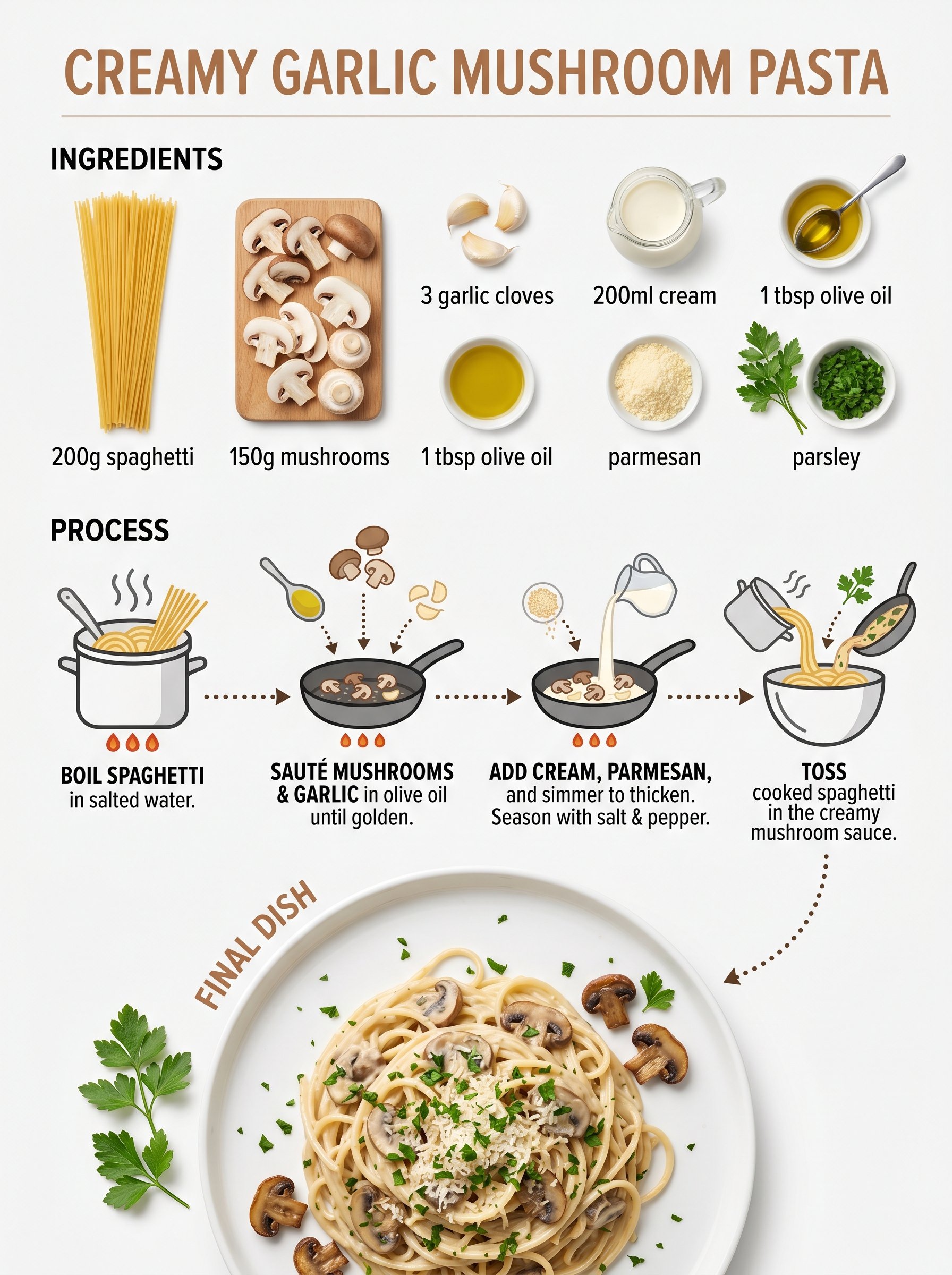 Creamy garlic mushroom pasta recipe infographic generated by Nano Banana 2