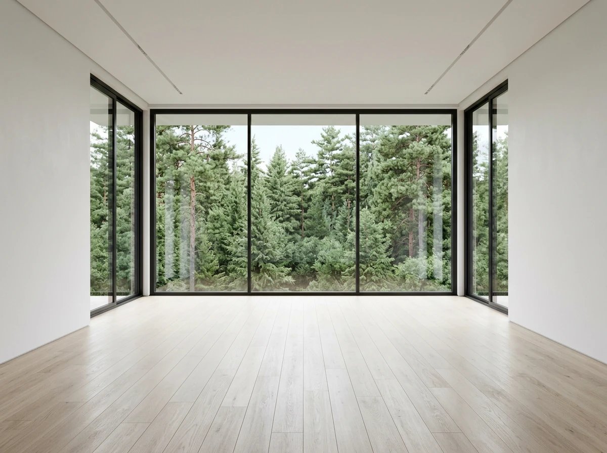Primer fotograma de una habitación minimalista vacía usado para la comparativa de transición