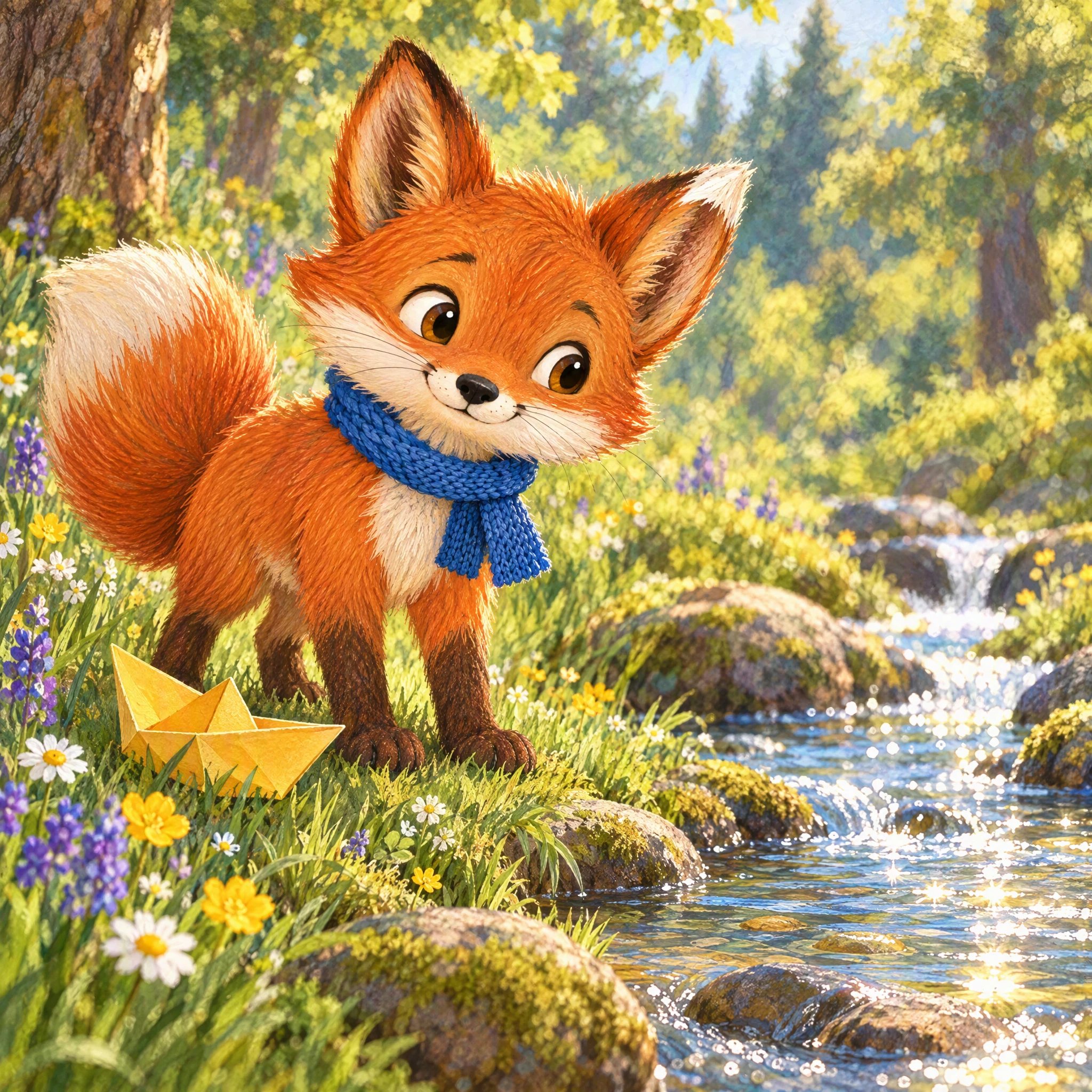 Pip mira hacia un arroyo del bosque, con el barco de papel amarillo junto a sus patas.