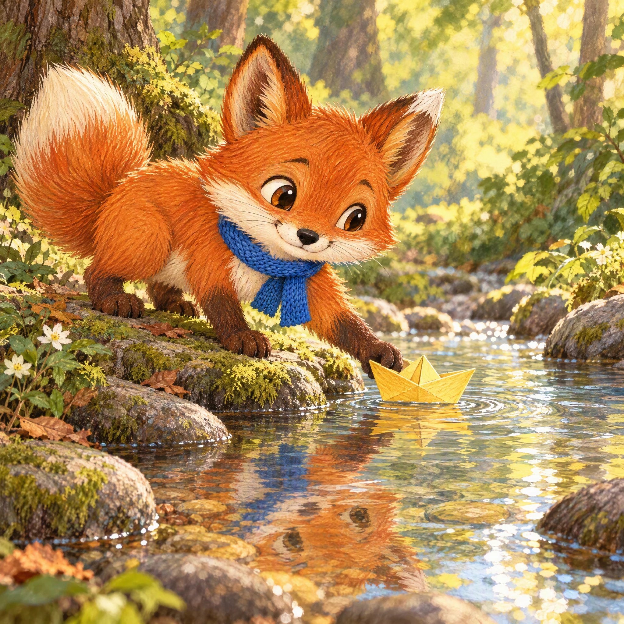 Pip pone el barco de papel amarillo en un arroyo del bosque.