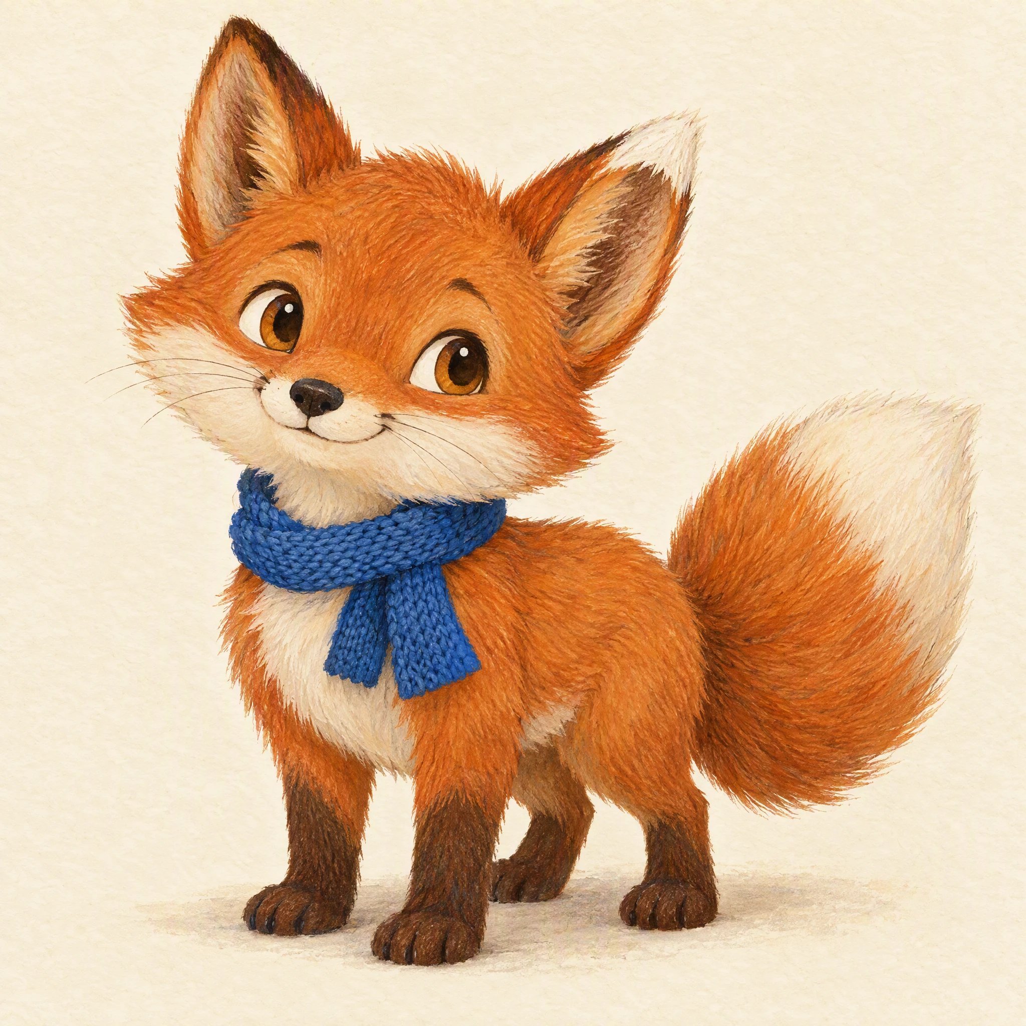 Pip, un zorro naranja de cuento con bufanda azul y la punta de una oreja blanca.