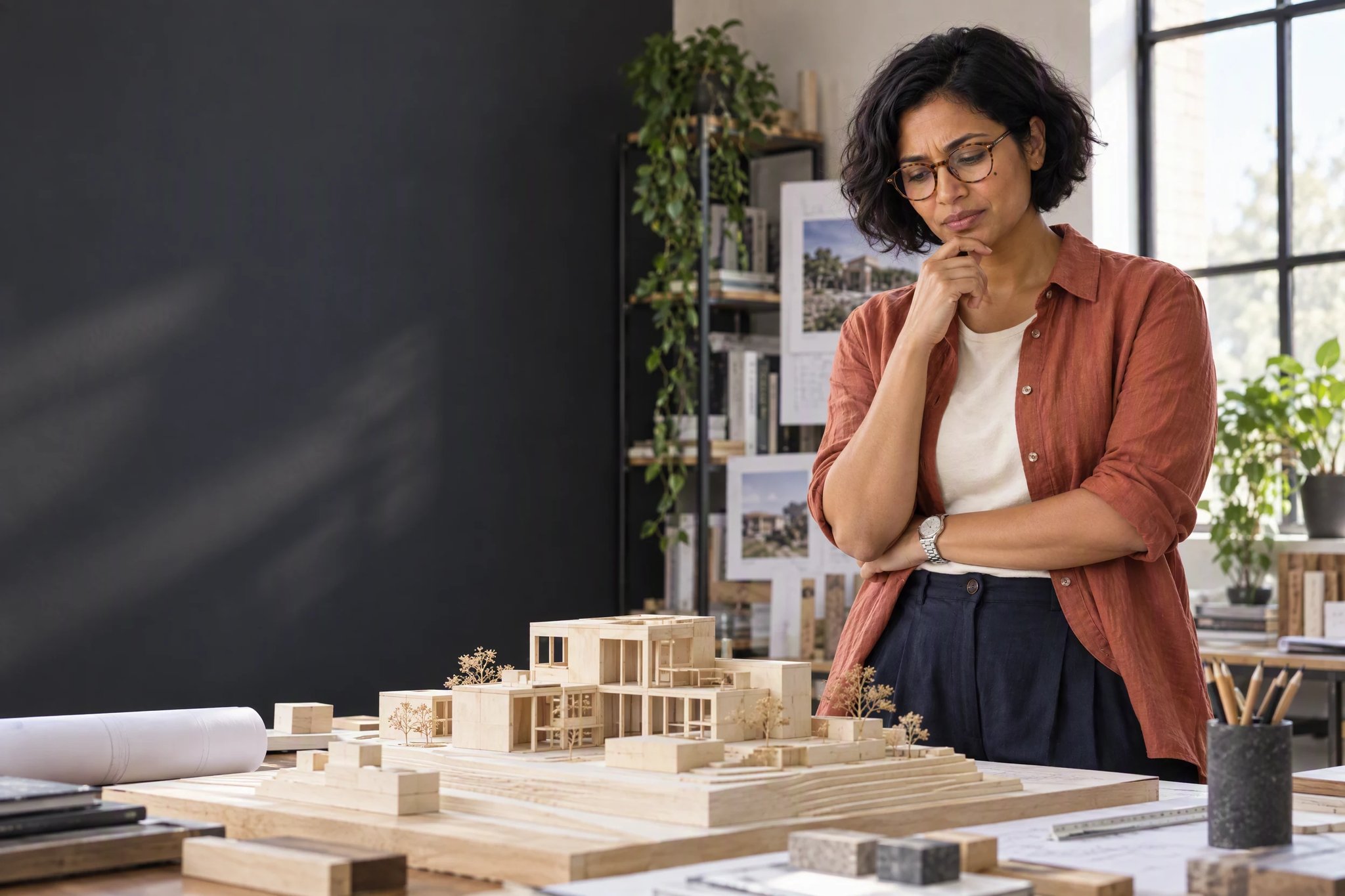 La arquitecta observa una maqueta de madera sobre la mesa de su estudio.