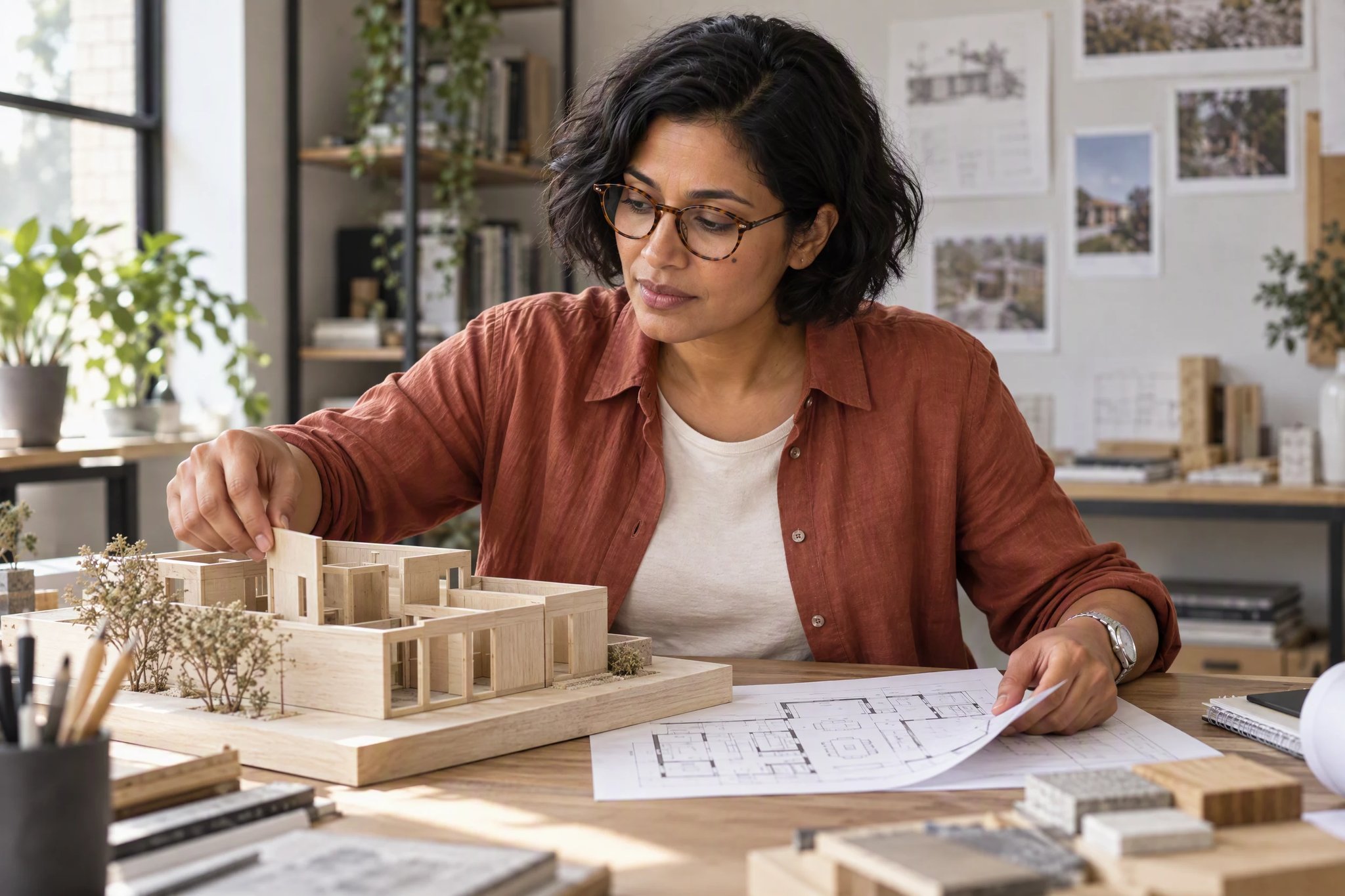 La arquitecta ajusta una maqueta de madera junto a un plano.