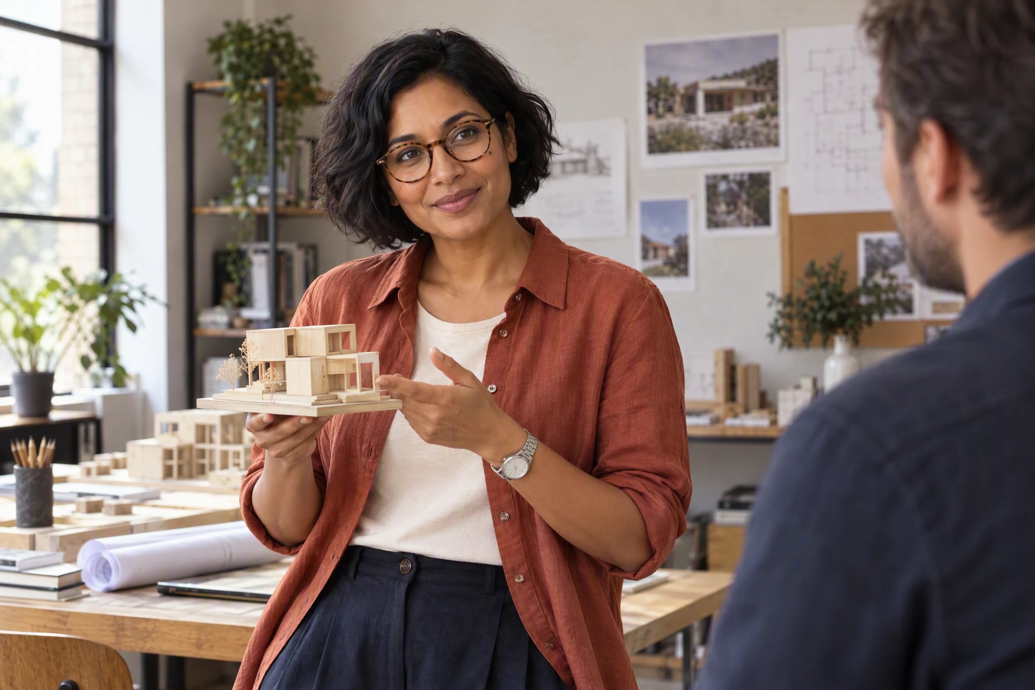 La arquitecta sostiene una maqueta mientras habla con un colega.