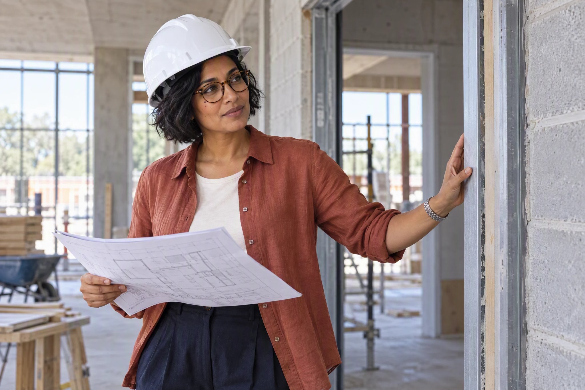 La misma arquitecta con casco de seguridad frente a una puerta de la biblioteca en obras.