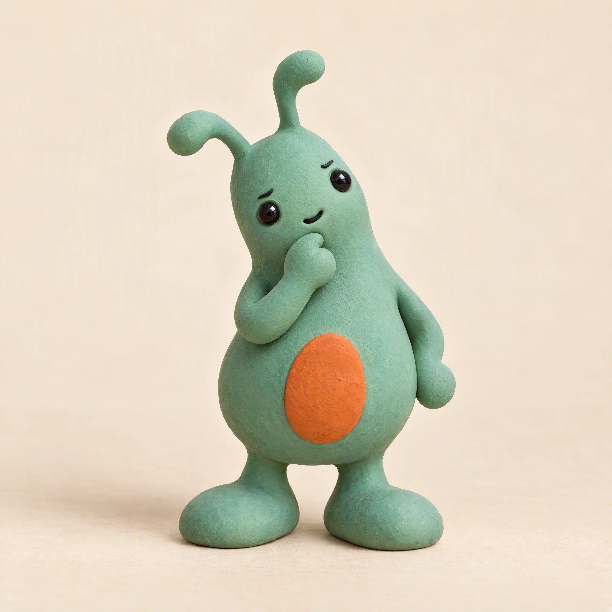 Mascota verde con una mano bajo la boca.