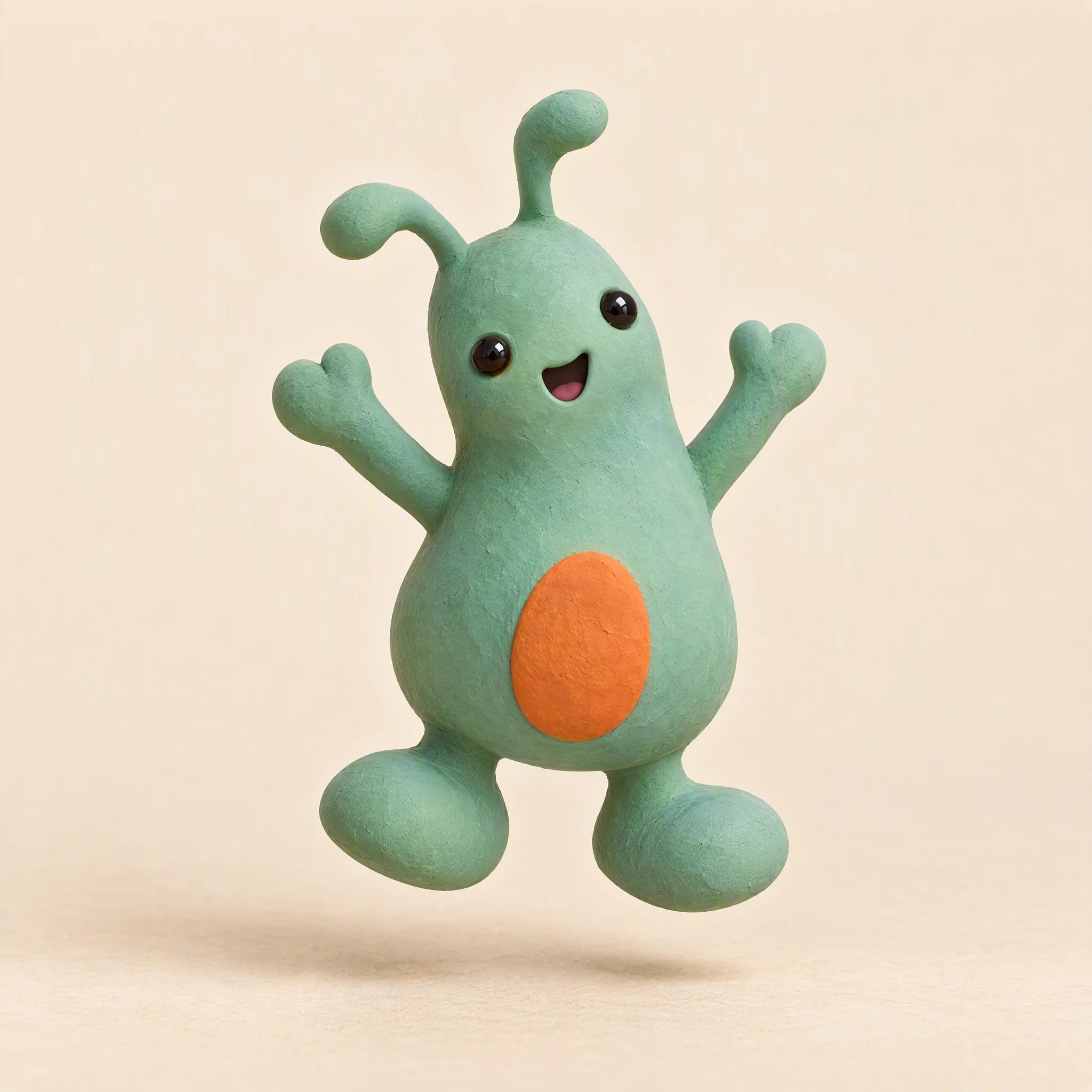 Mascota verde saltando con los brazos levantados.