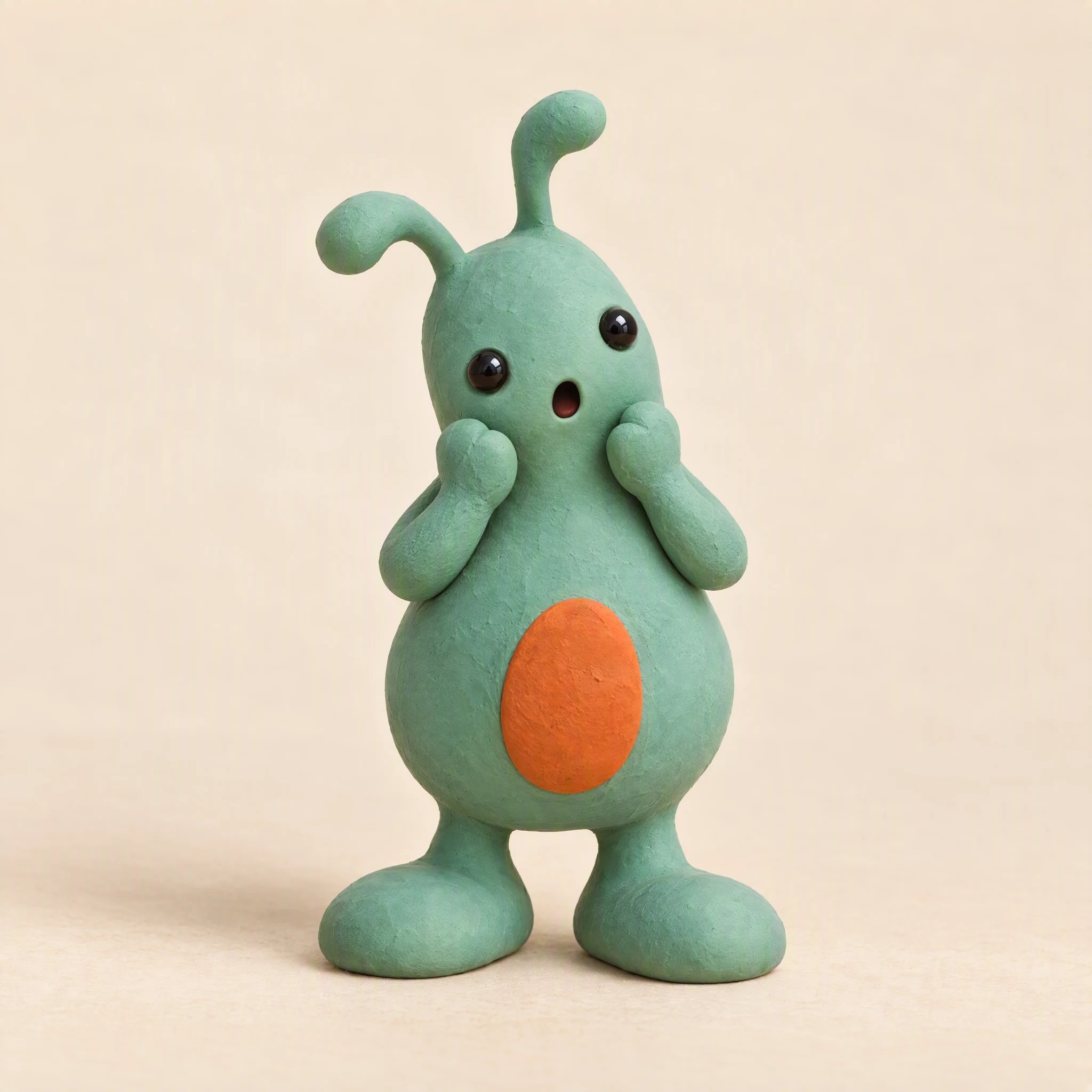 Mascota verde con las manos junto a las mejillas.