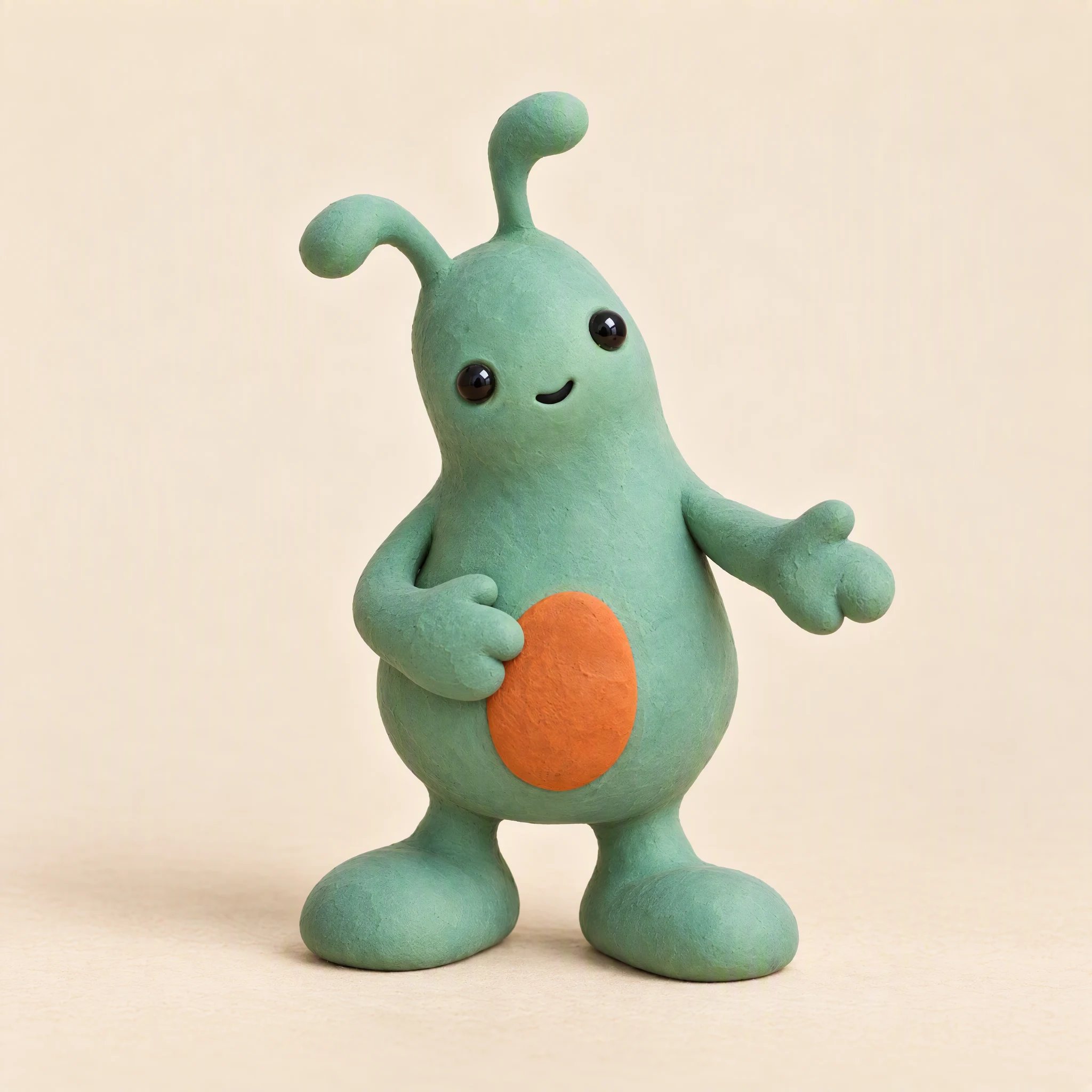 Mascota verde inclinada hacia delante con una mano extendida.