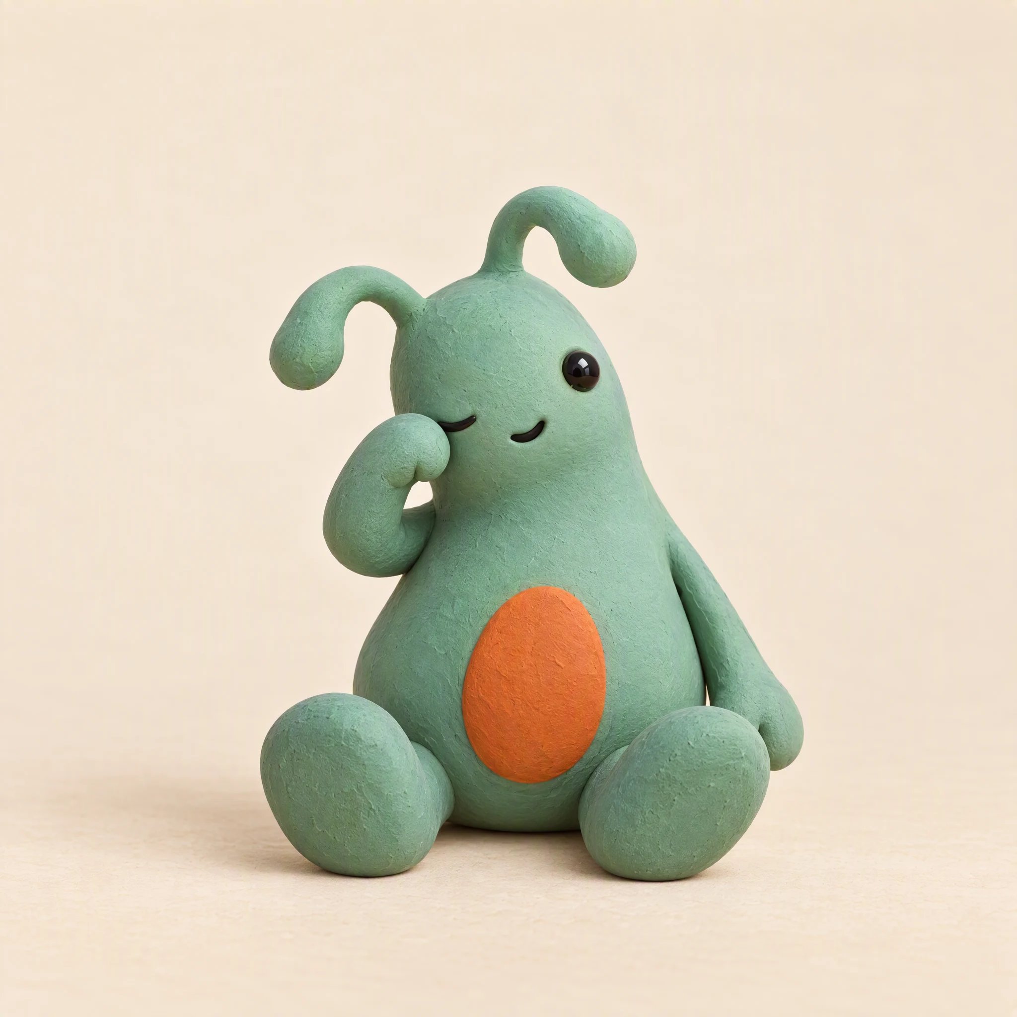 Mascota verde sentada con las piernas hacia delante y gesto de sueño.