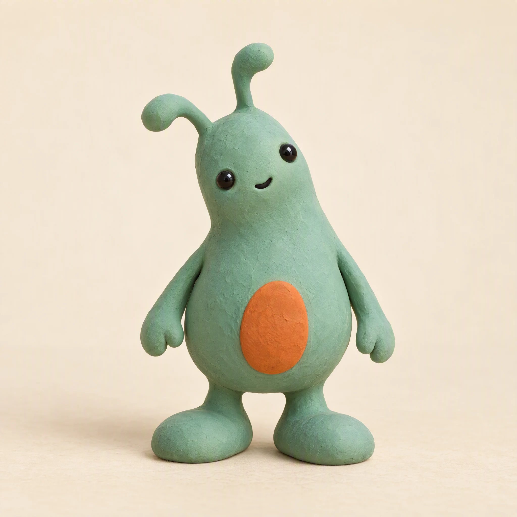 Mascota de marca original de plastilina verde con dos antenas y una mancha naranja en el vientre.