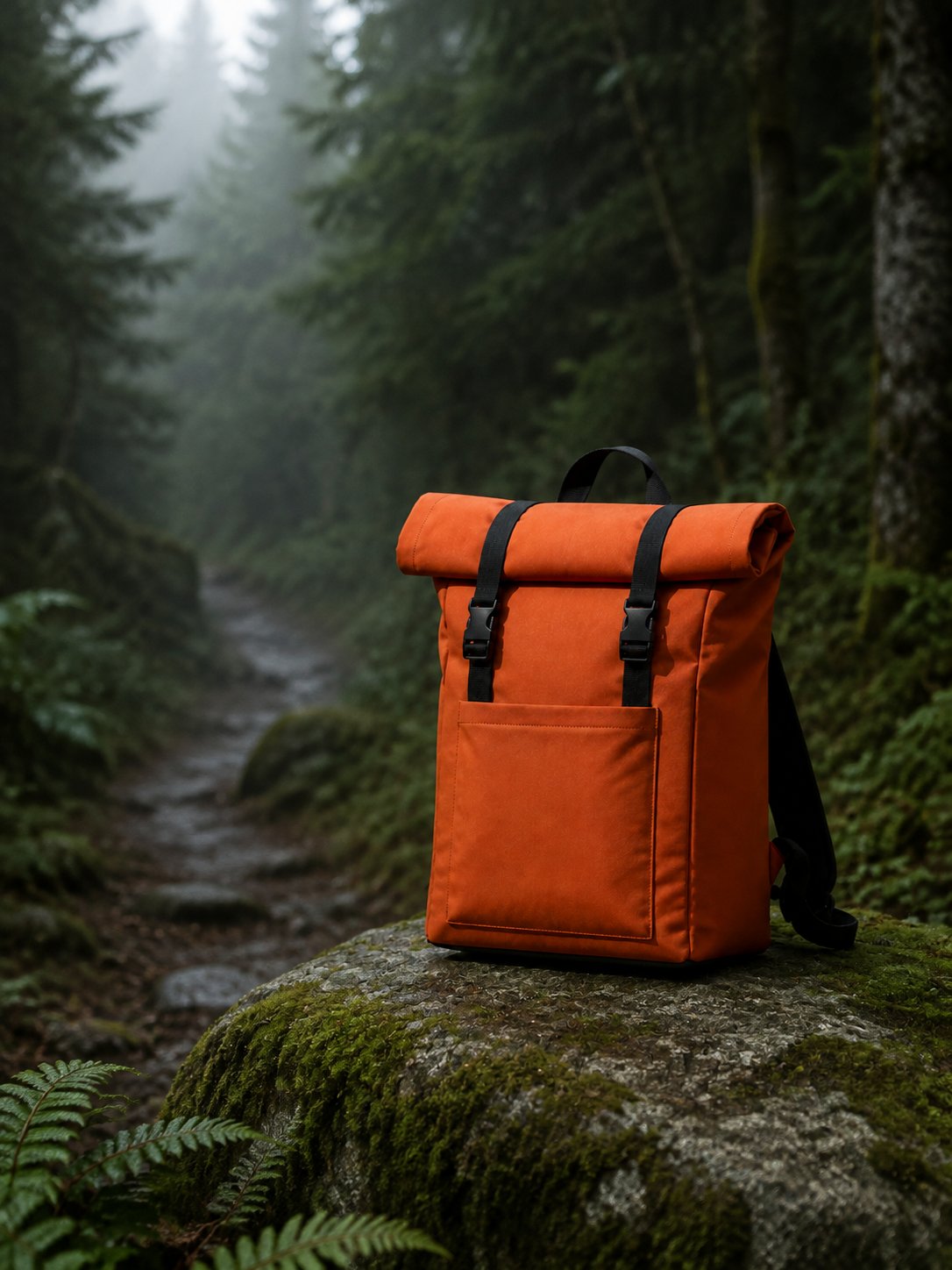 Una mochila naranja sobre una roca con musgo junto a un sendero de bosque con niebla