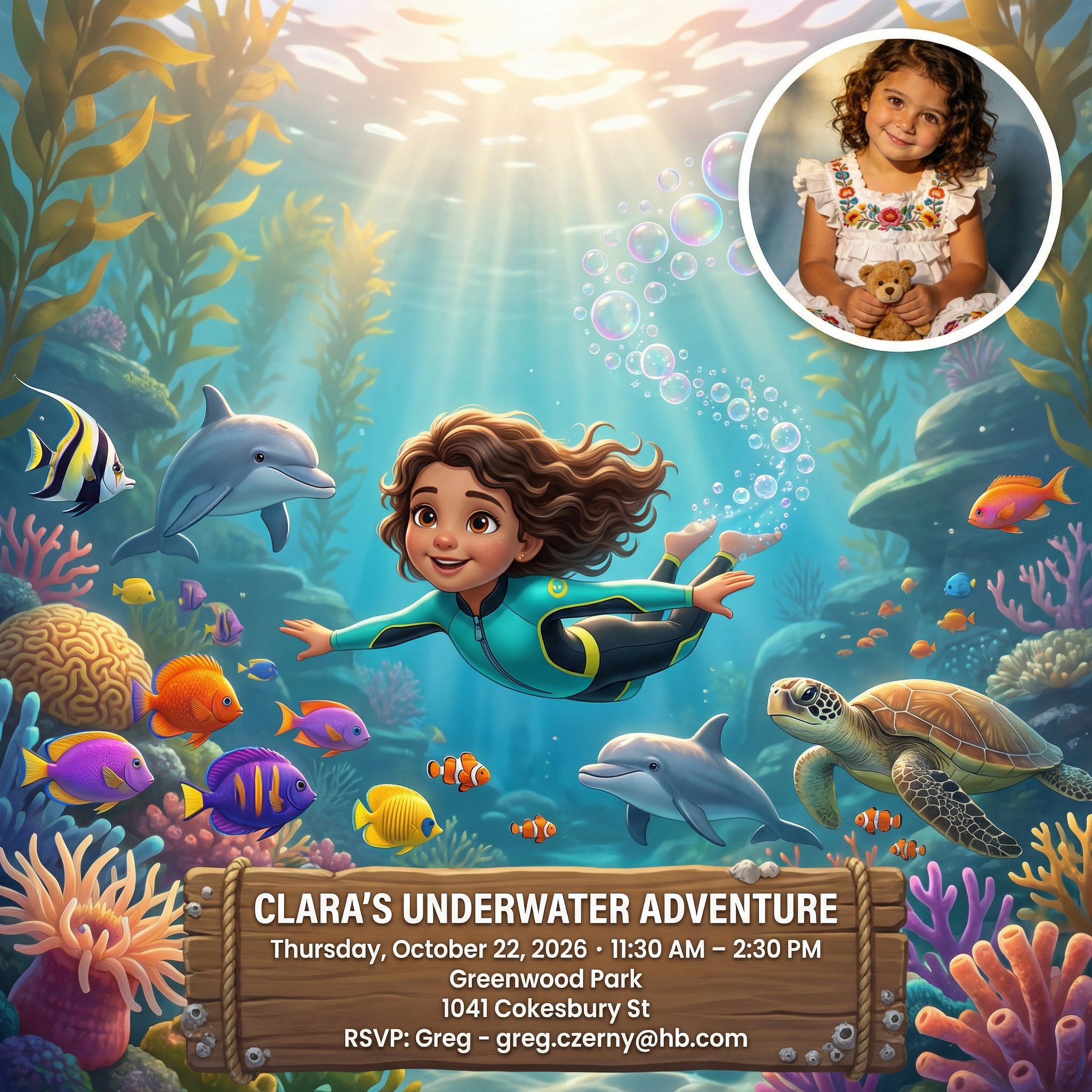 Birthday invitation featuring Clara underwater