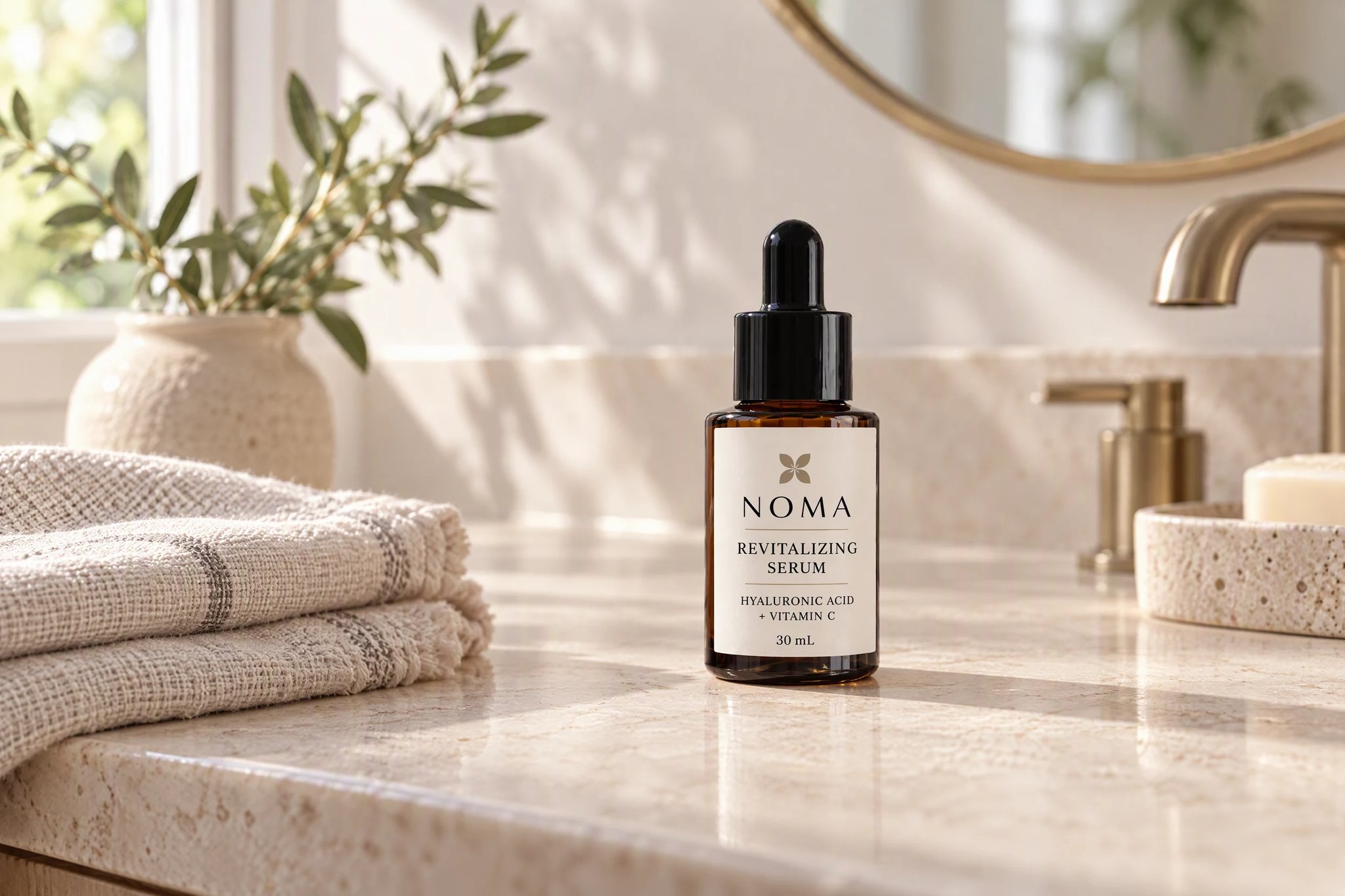 NOMA serum on a warm marble bathroom counter beside a folded towel and a brass tap