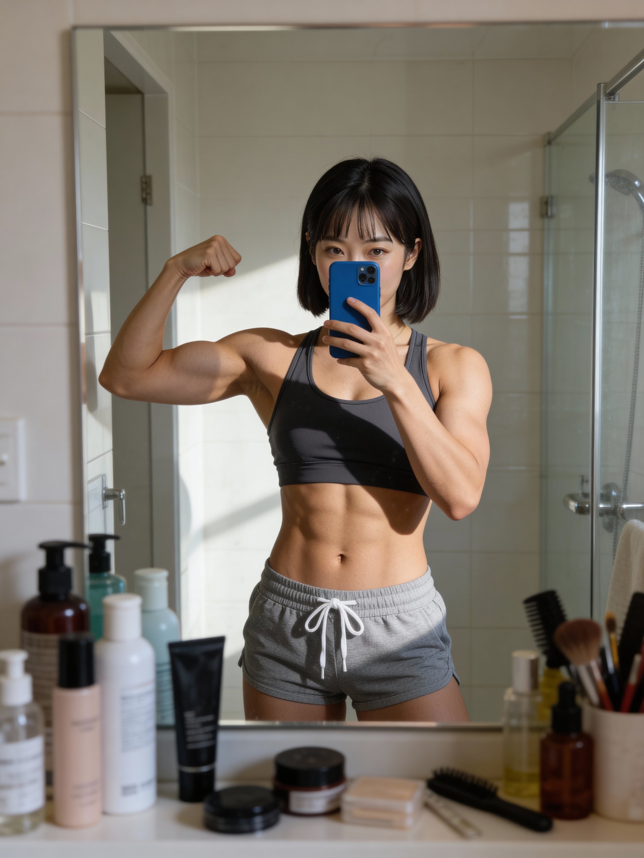 Fitness mirror selfie with soft natural light