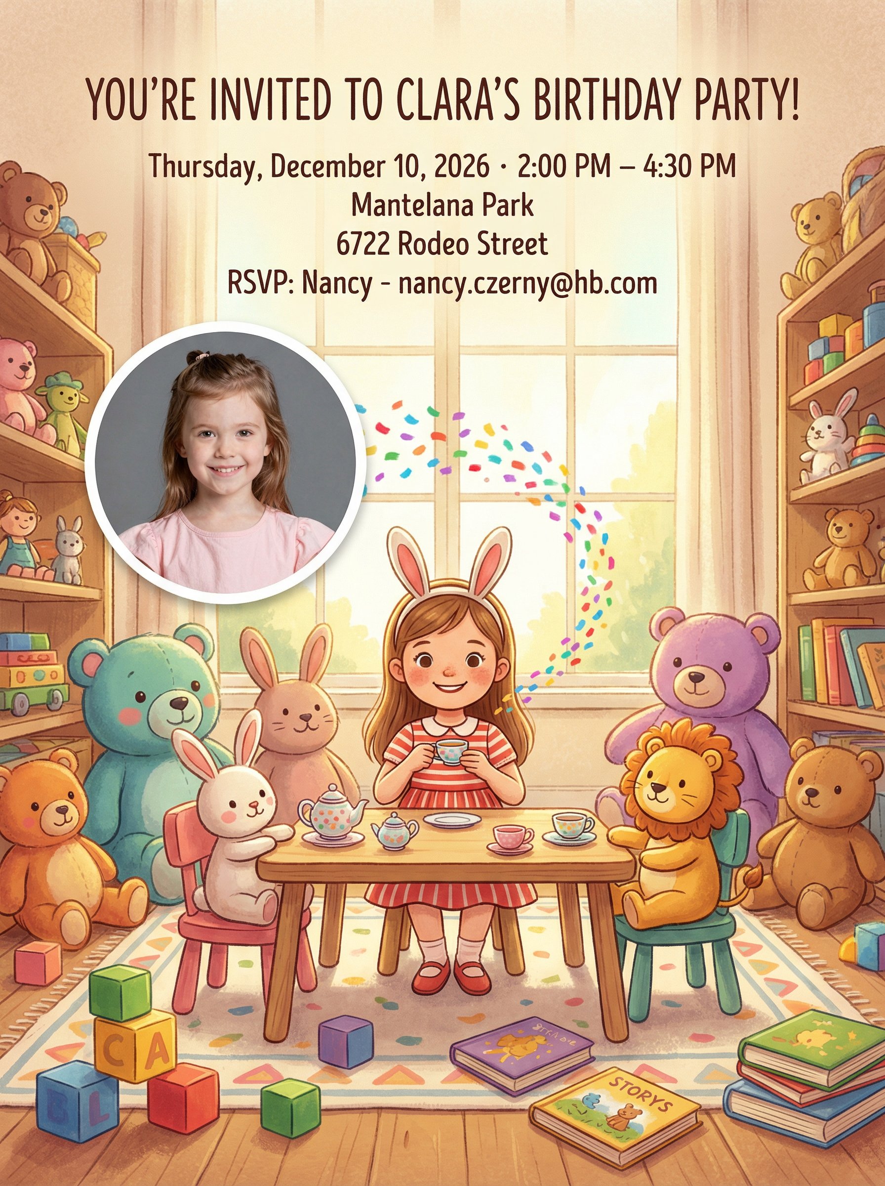Storybook birthday invitation with whimsical illustrations