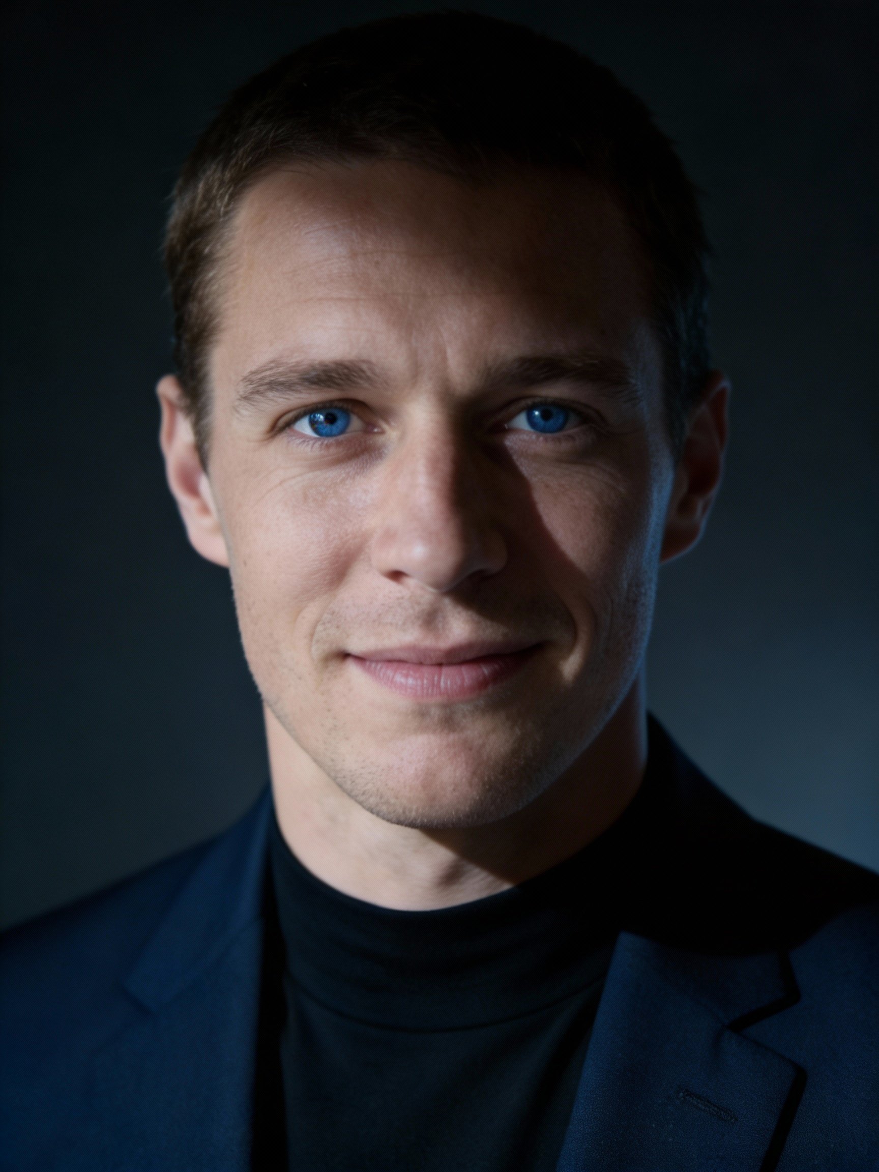 Studio portrait with teal accents and sharp focus