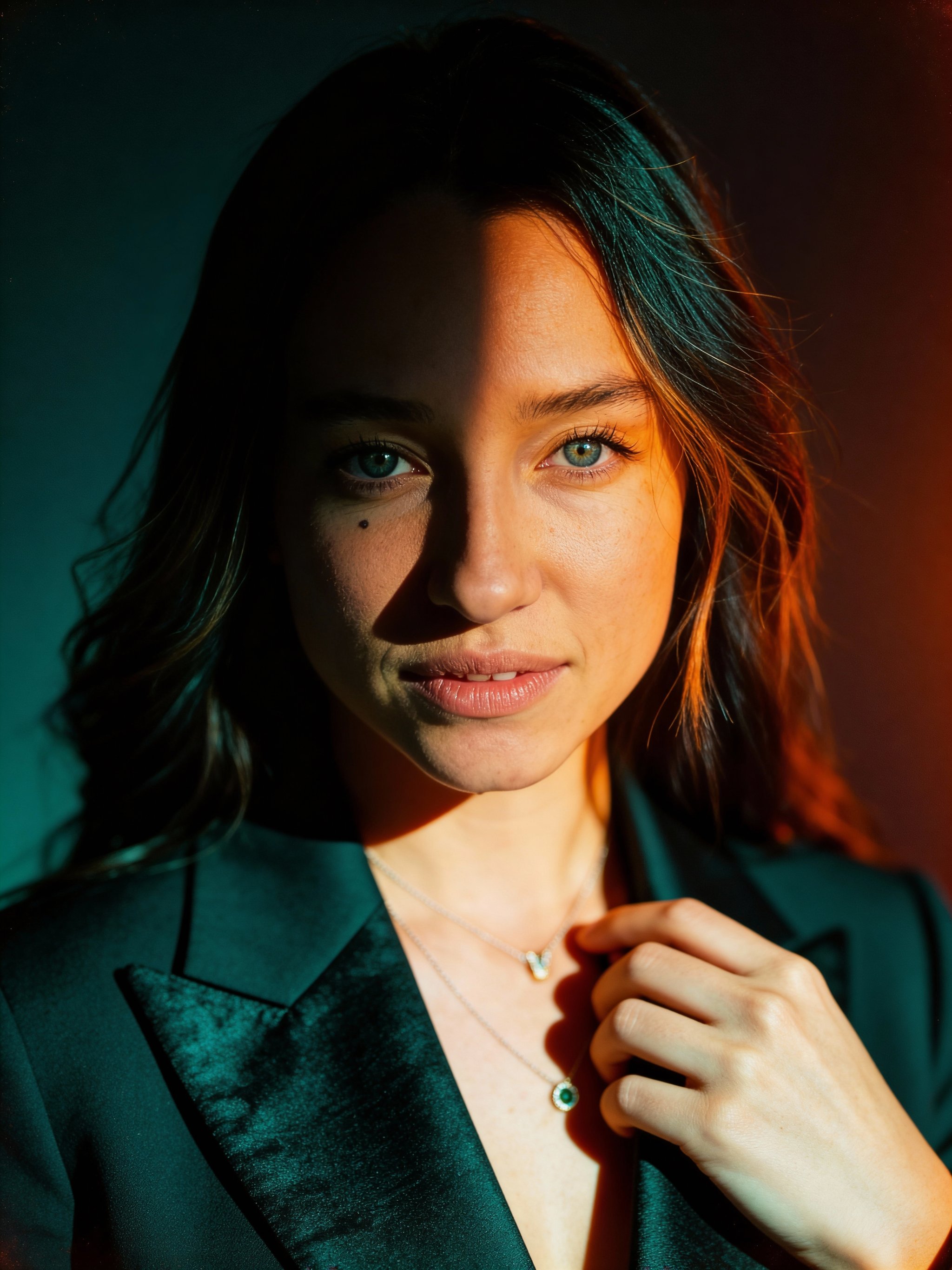 Moody portrait with dramatic shadow and teal-orange tones