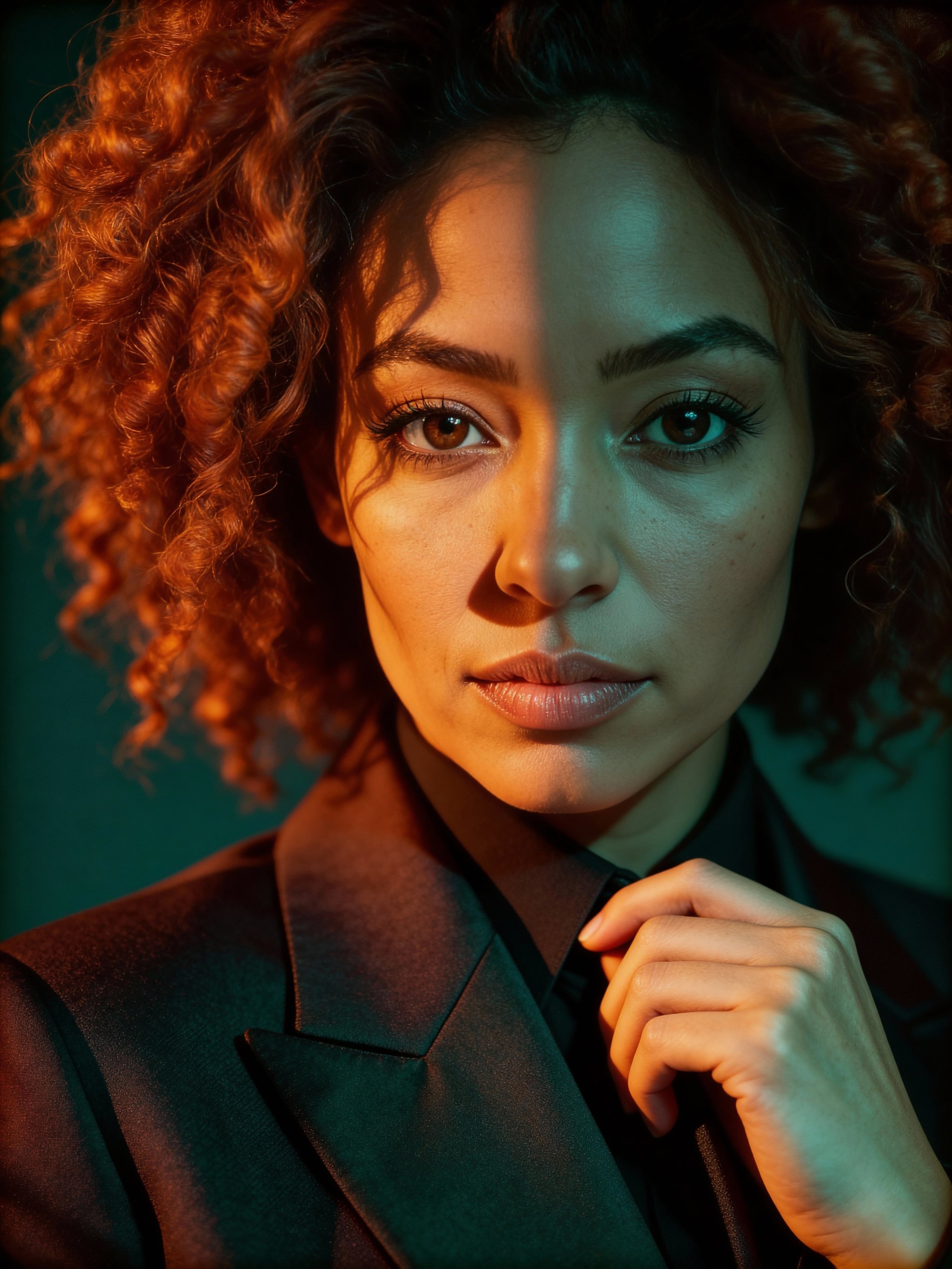 Teal-orange cinematic portrait with intense eye contact
