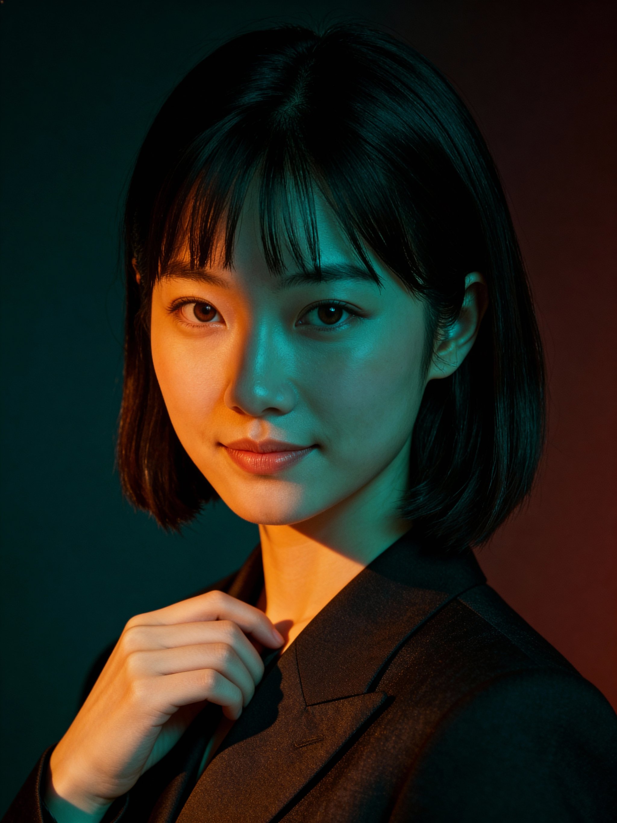 Editorial portrait with moody lighting and teal highlights