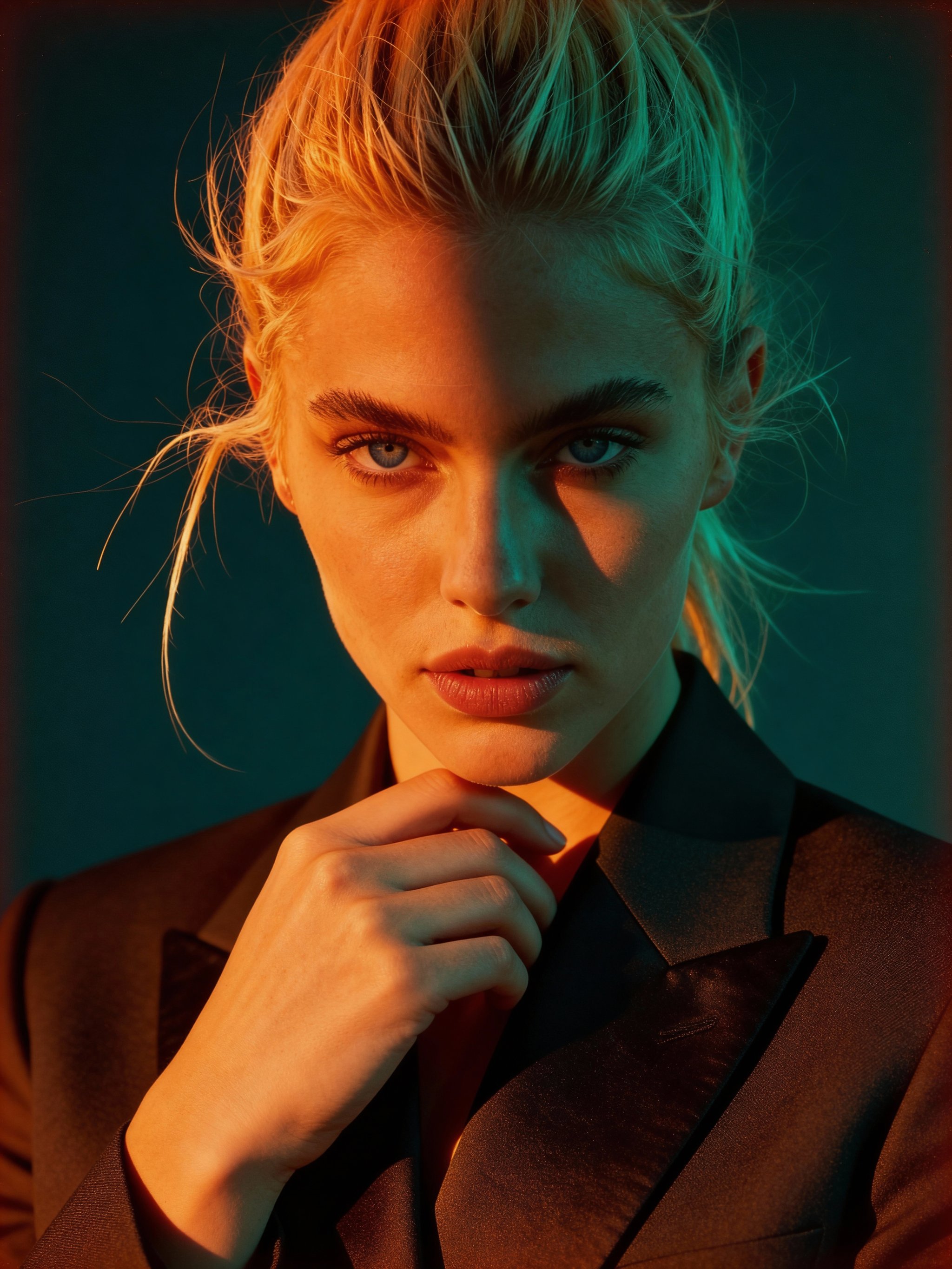 Cinematic headshot with dark background and warm skin tones