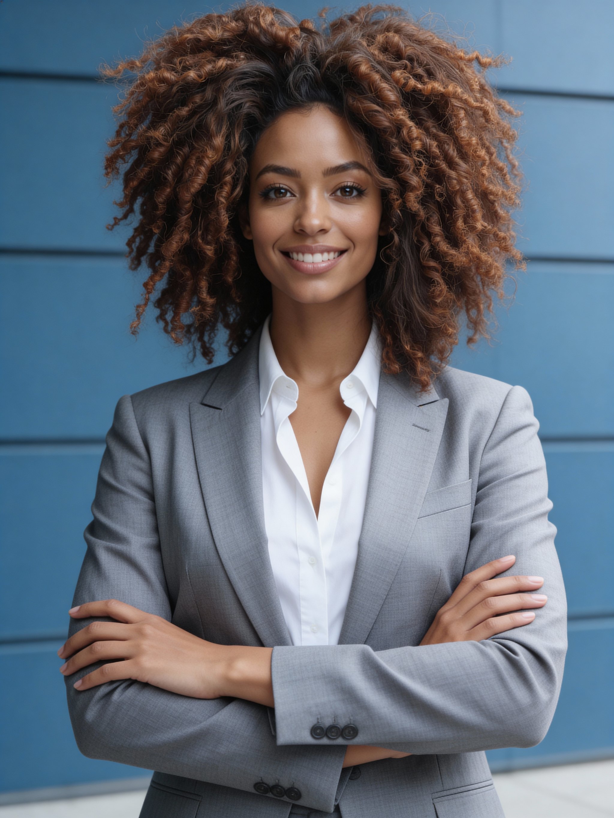 Contemporary headshot with blue architectural wall