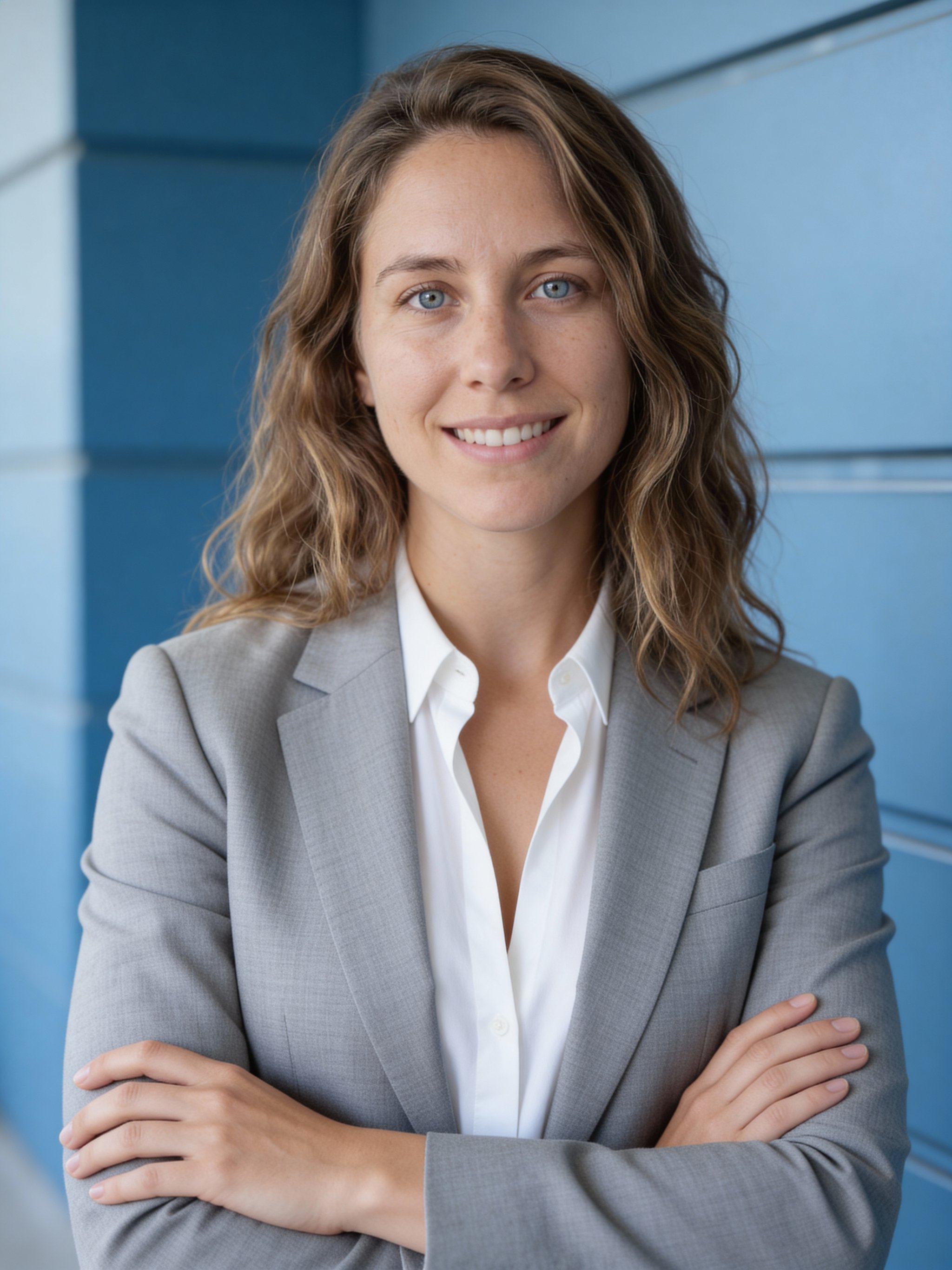 Editorial headshot with clean blue panel backdrop