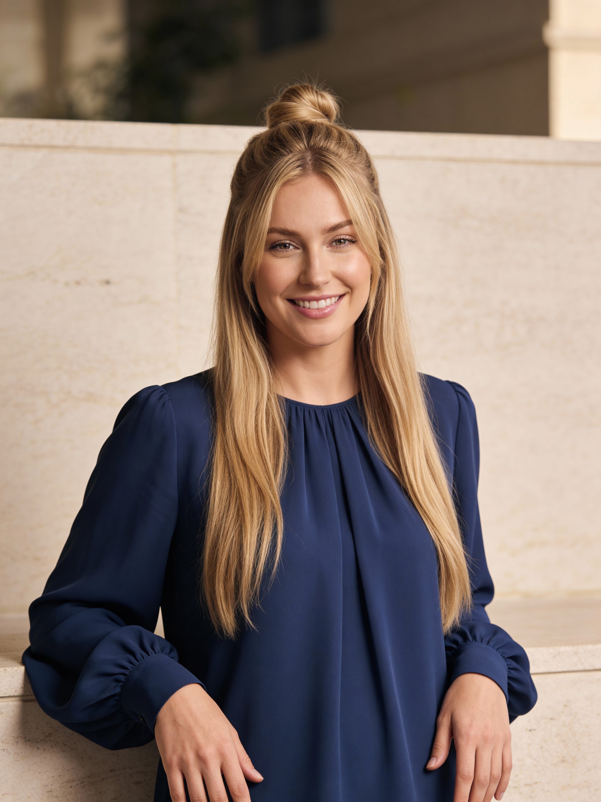 Contemporary real estate headshot with light stone backdrop