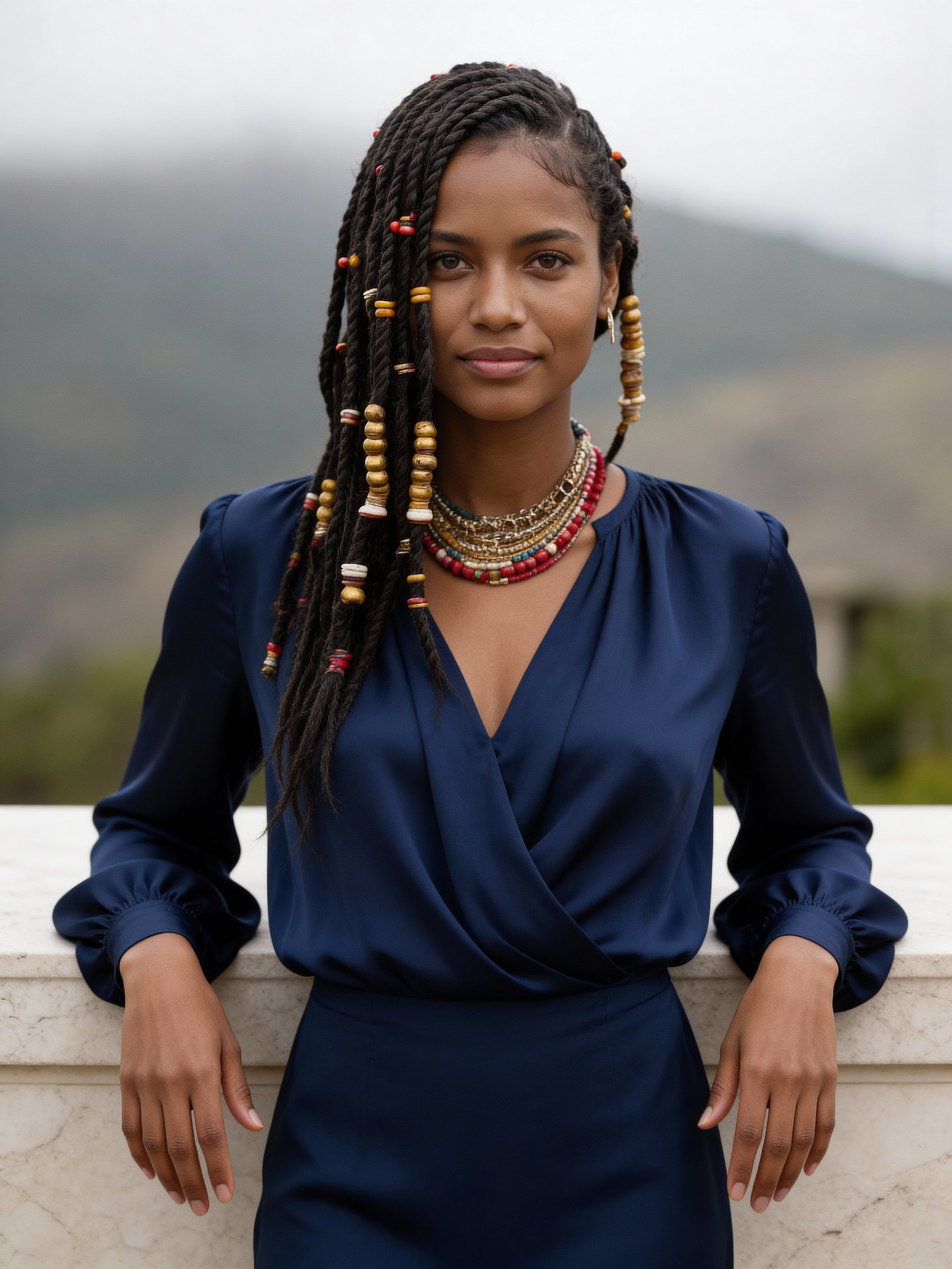 Modern agent portrait with refined blue blouse styling