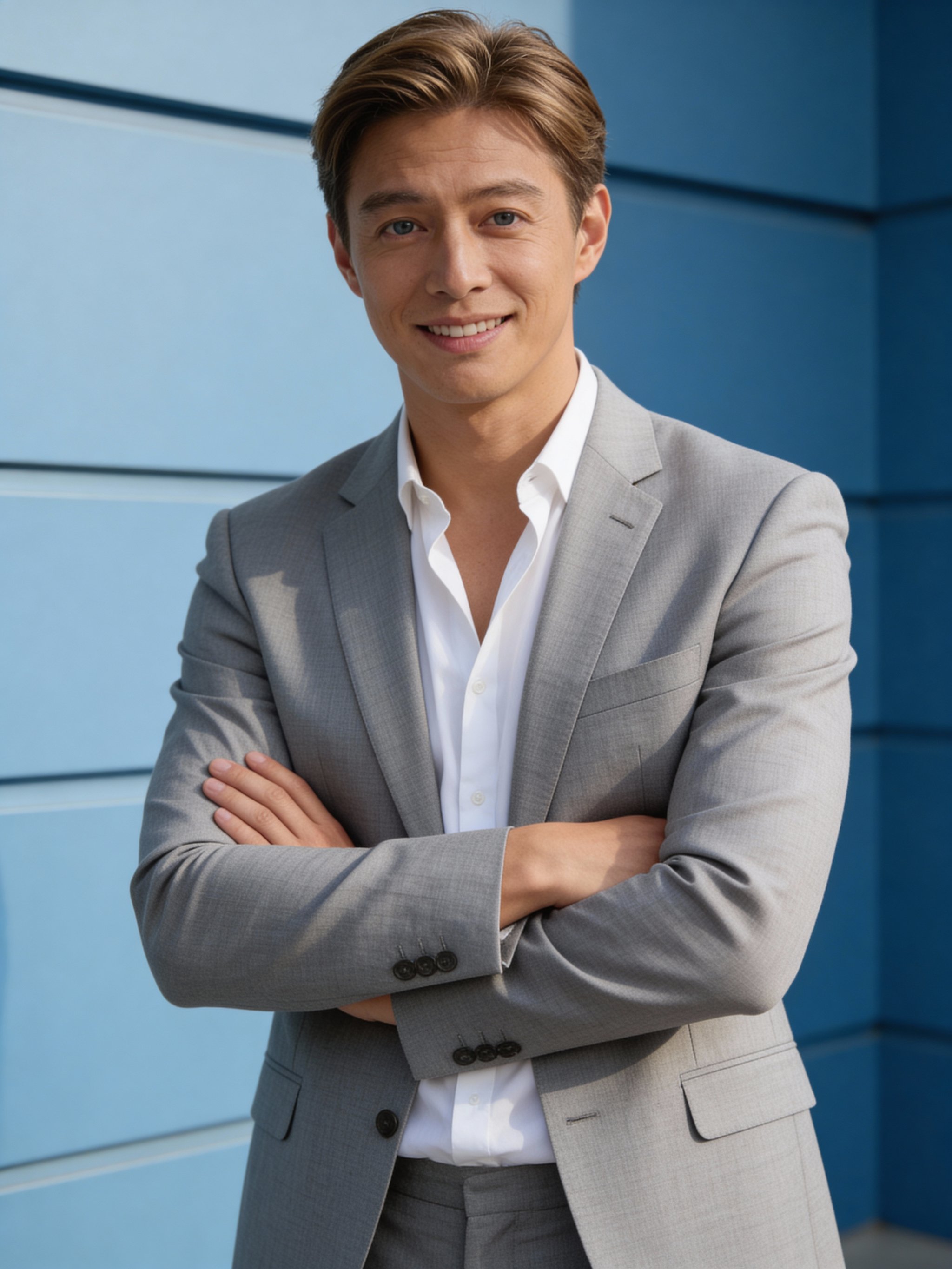 Contemporary headshot with clean blue architectural backdrop. Modern editorial headshots with crisp, approachable styling.