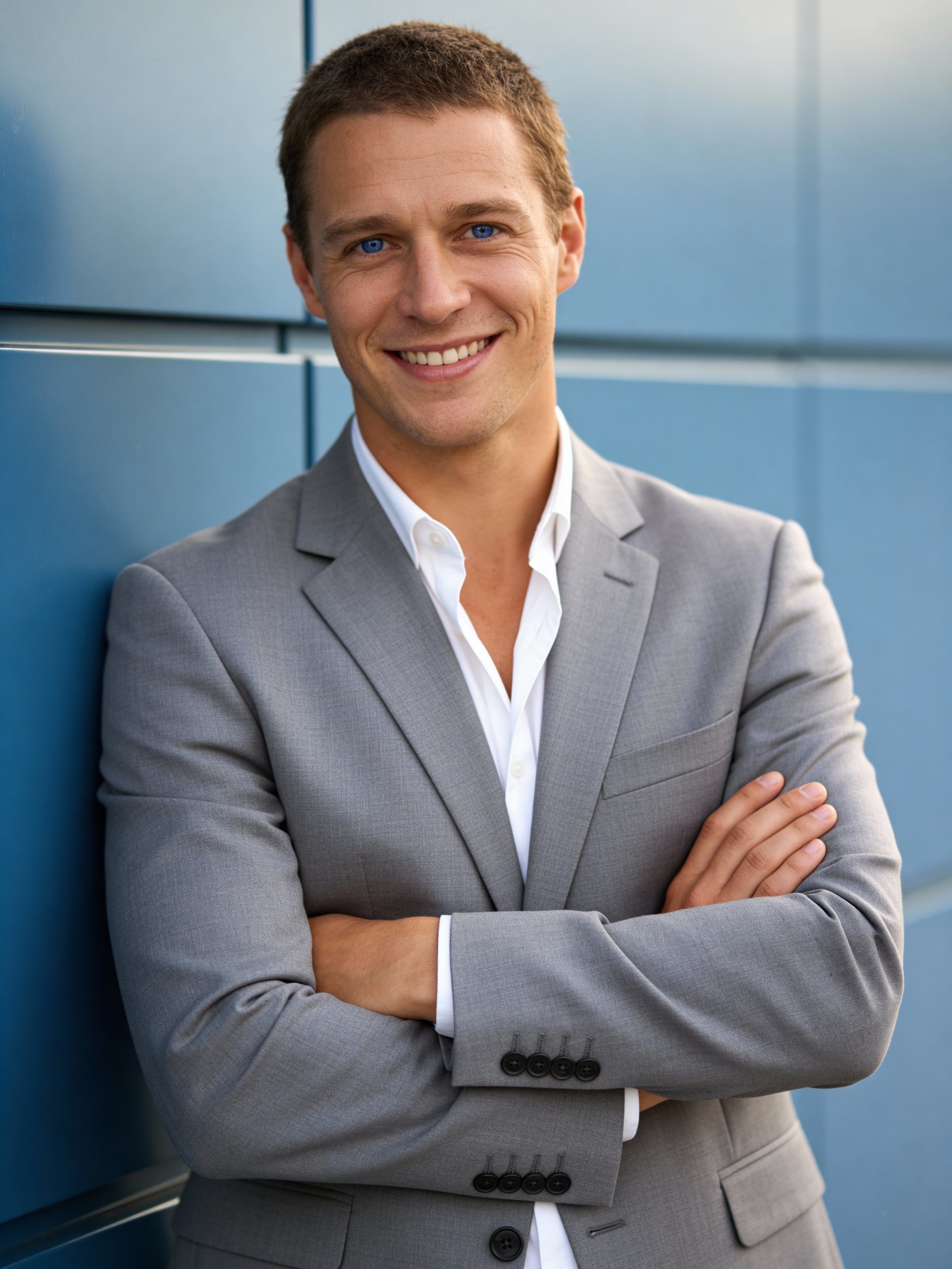 Modern real estate portrait with relaxed crossed-arm pose