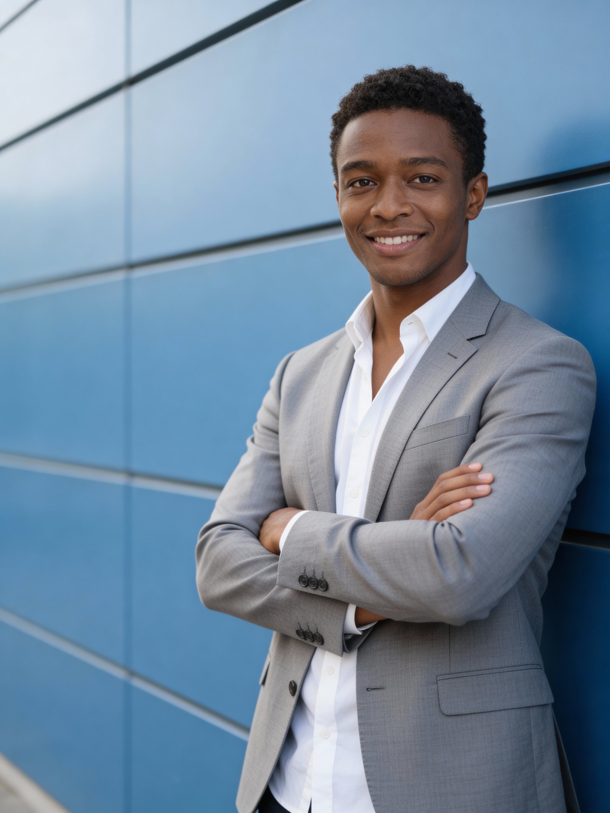 Editorial headshot with light gray blazer and blue wall